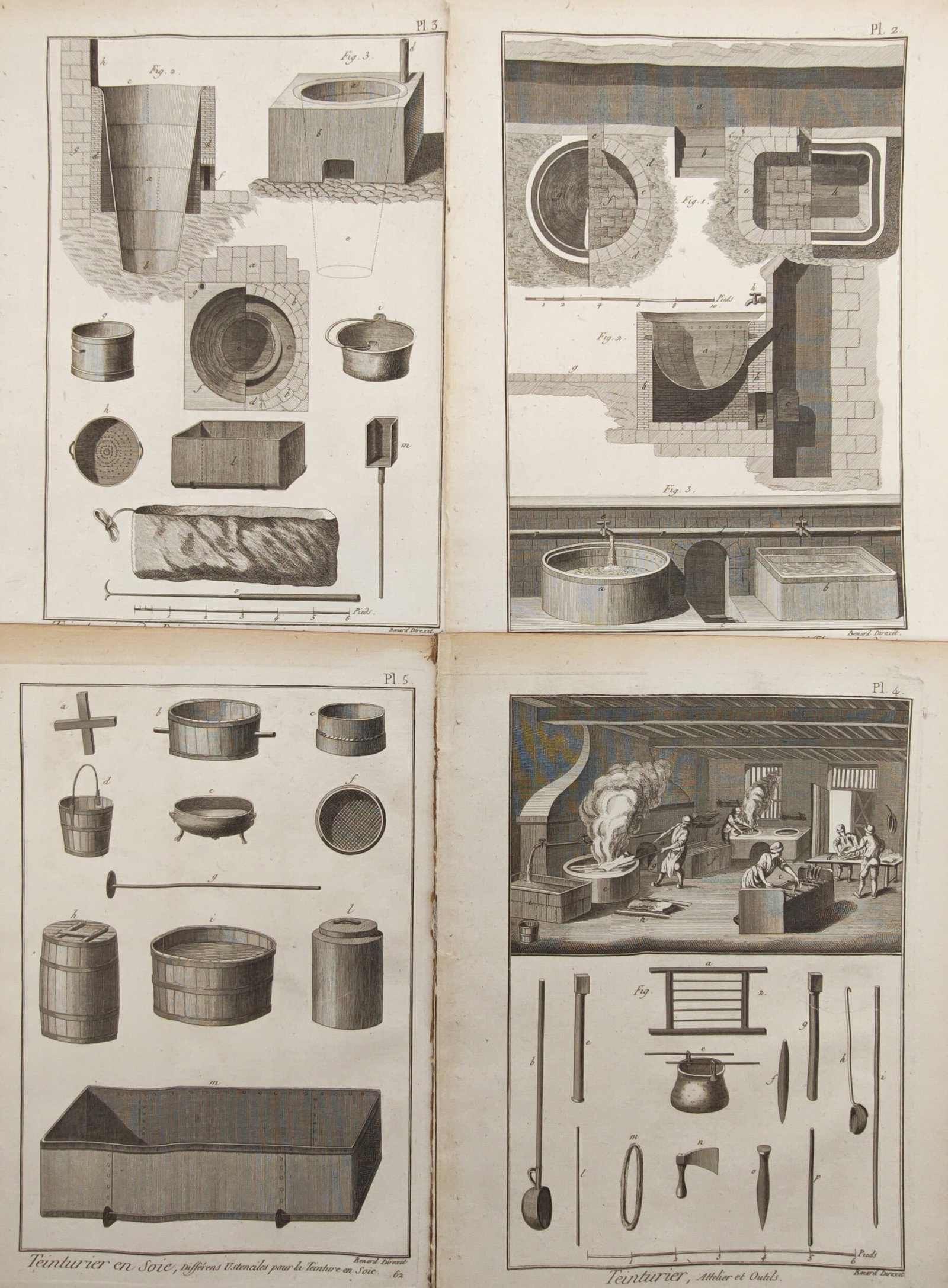 Robert Bénard – Set of 4: Silk Dyeing, Workshop Furnaces, and Dyers' Implements – Engravings: "Silk Dyeing, Workshop Furnaces, and Dyers' Implements" illustrates the specialized architectural vats, masonry furnaces, boiling coppers, and artisanal tools utilized in eighteenth-century French tex