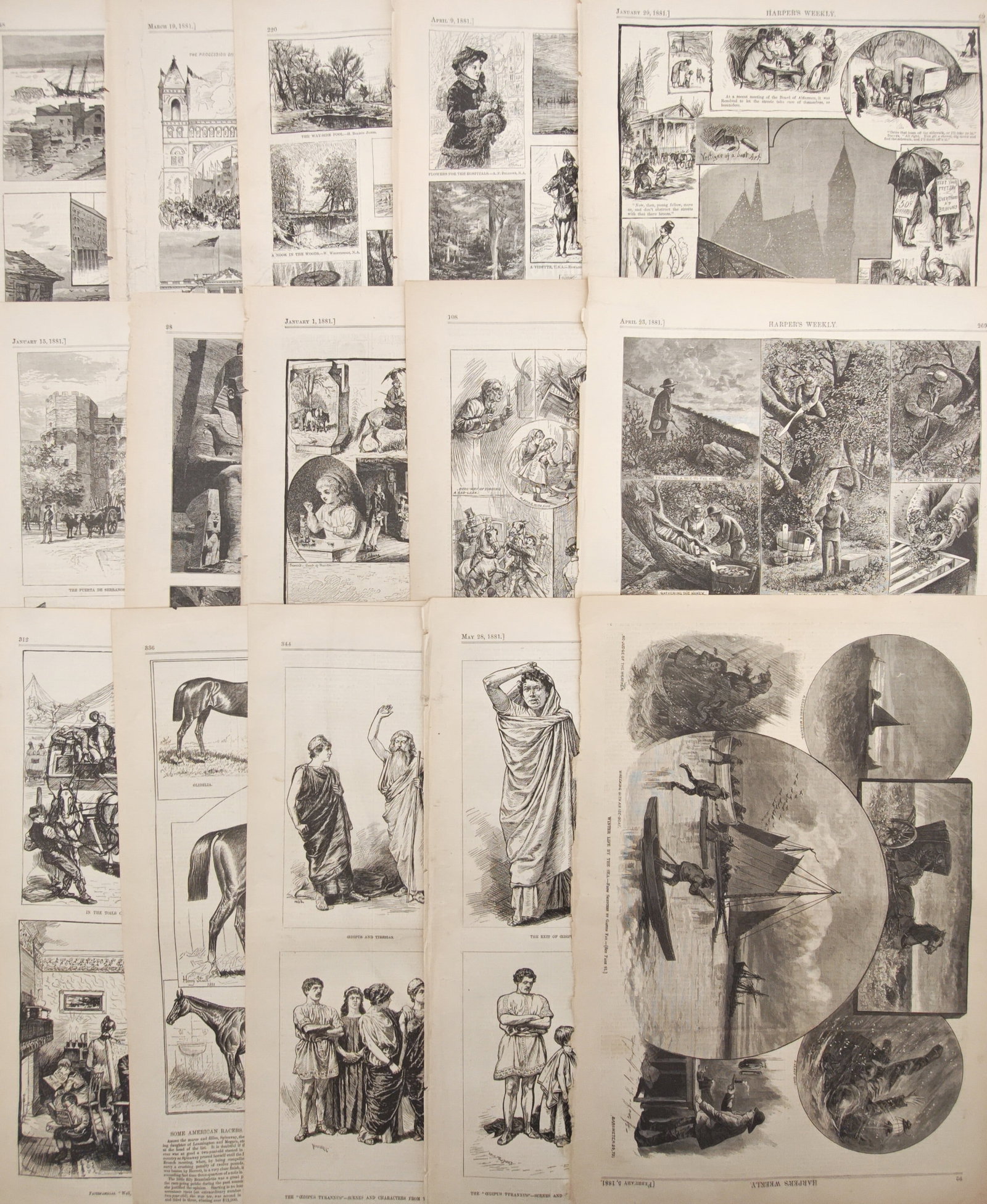 Harper's Weekly – Set of 15: Classical Studies, Rural Scenes, and Illustrated Journalism: "Classical Studies, Rural Scenes, and Illustrated Journalism" presents a diverse nineteenth-century editorial collection featuring classical costume studies, equine anatomy, agricultural occupations, 