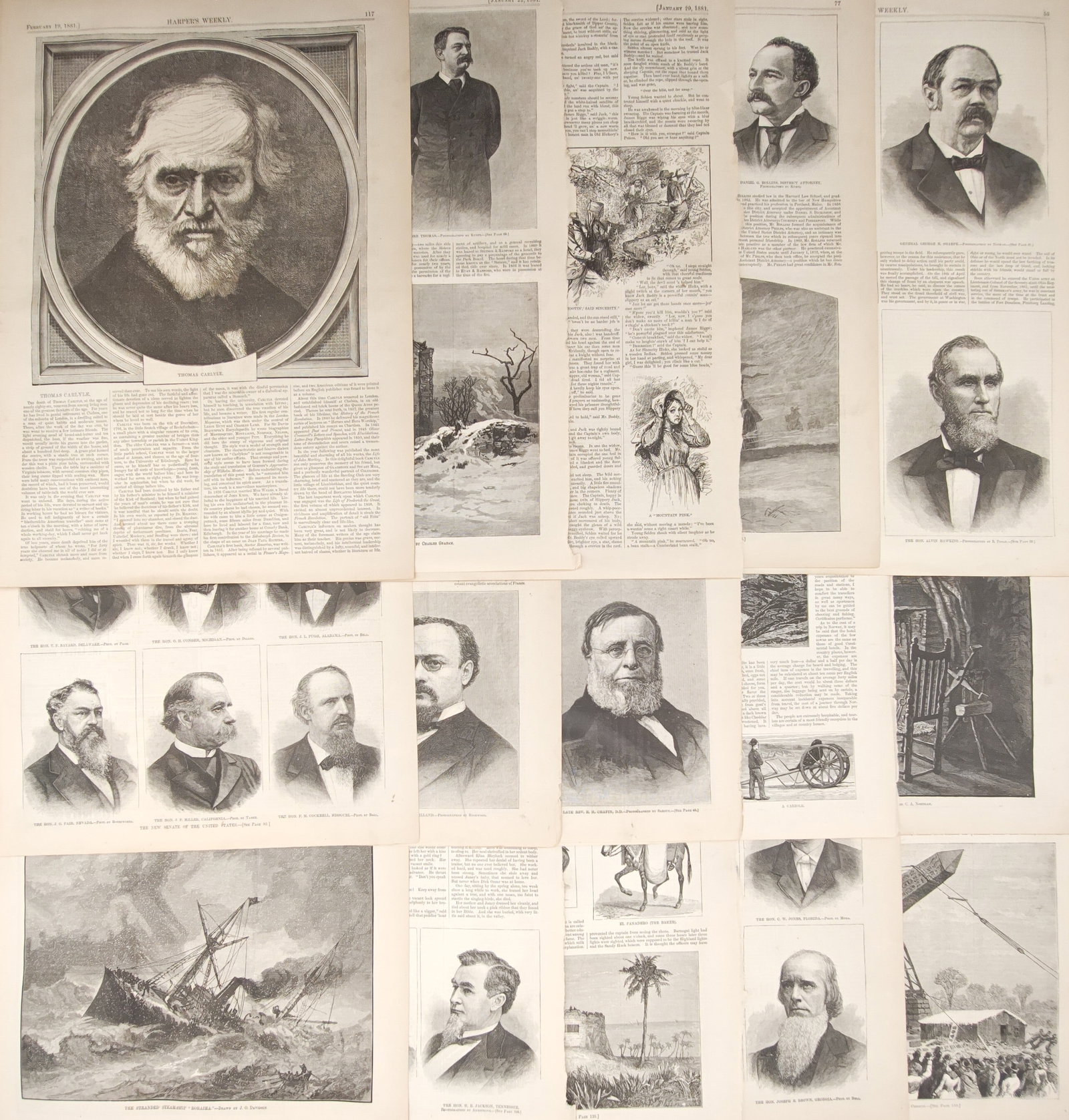 Harper's Weekly – Set of 10: Eminent Figures, Maritime Disasters, and Illustrated Commentary: "Eminent Figures, Maritime Disasters, and Illustrated Commentary" brings together a compelling selection of nineteenth-century editorial pages featuring portraits of literary figures and statesmen, dr