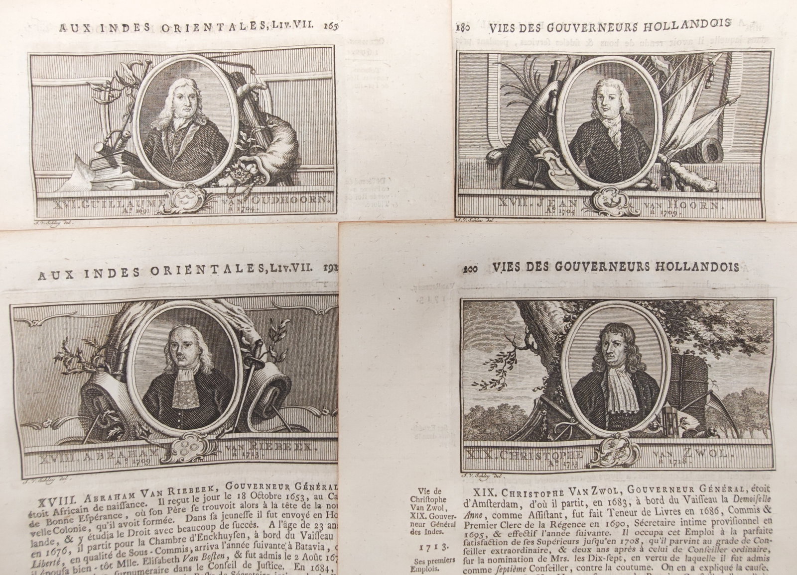 Jean-Pierre-Jean du Bois – Set of 4: Governors-General of the Dutch East Indies – Engravings: "Lives of the Dutch Governors-General" presents historical portrait vignettes depicting colonial administrators of the Dutch East India Company framed by allegorical trophies, naval motifs, and biogra