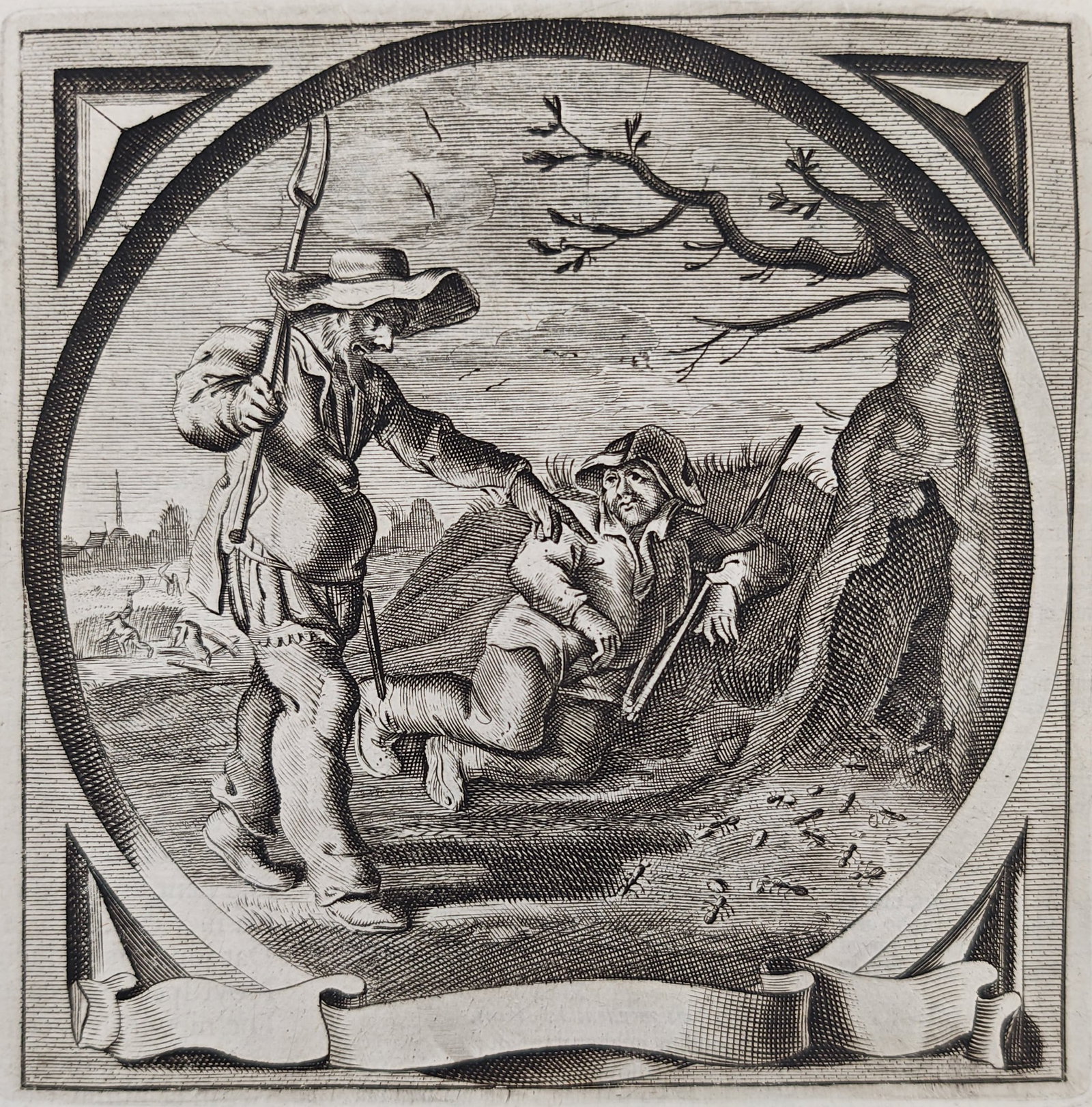 Jacob Cats – Go to the Ant, Thou Sluggard – Engraving (17th Century): "Go to the Ant, Thou Sluggard" presents a moral emblem illustrating a laborer directing an idle youth's attention toward hardworking ants beneath a tree. This Dutch Golden Age illustration was publish