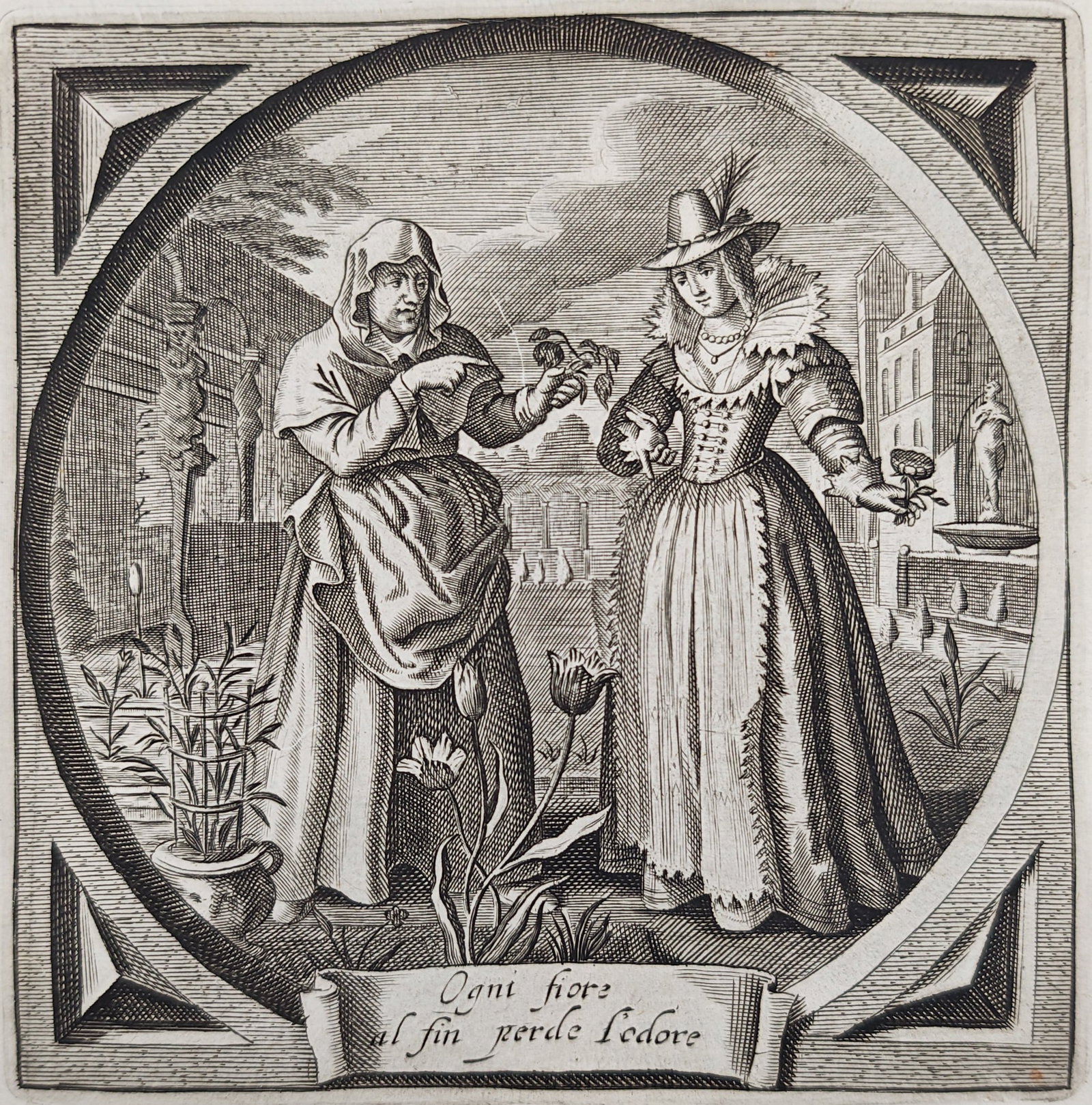 Jacob Cats – The Transience of Beauty – Engraving (17th Century): "The Transience of Beauty" presents a moral emblem depicting an elderly woman and an elegantly dressed maiden conversing among blooming plants within a formal garden setting. This Dutch Golden Age ill