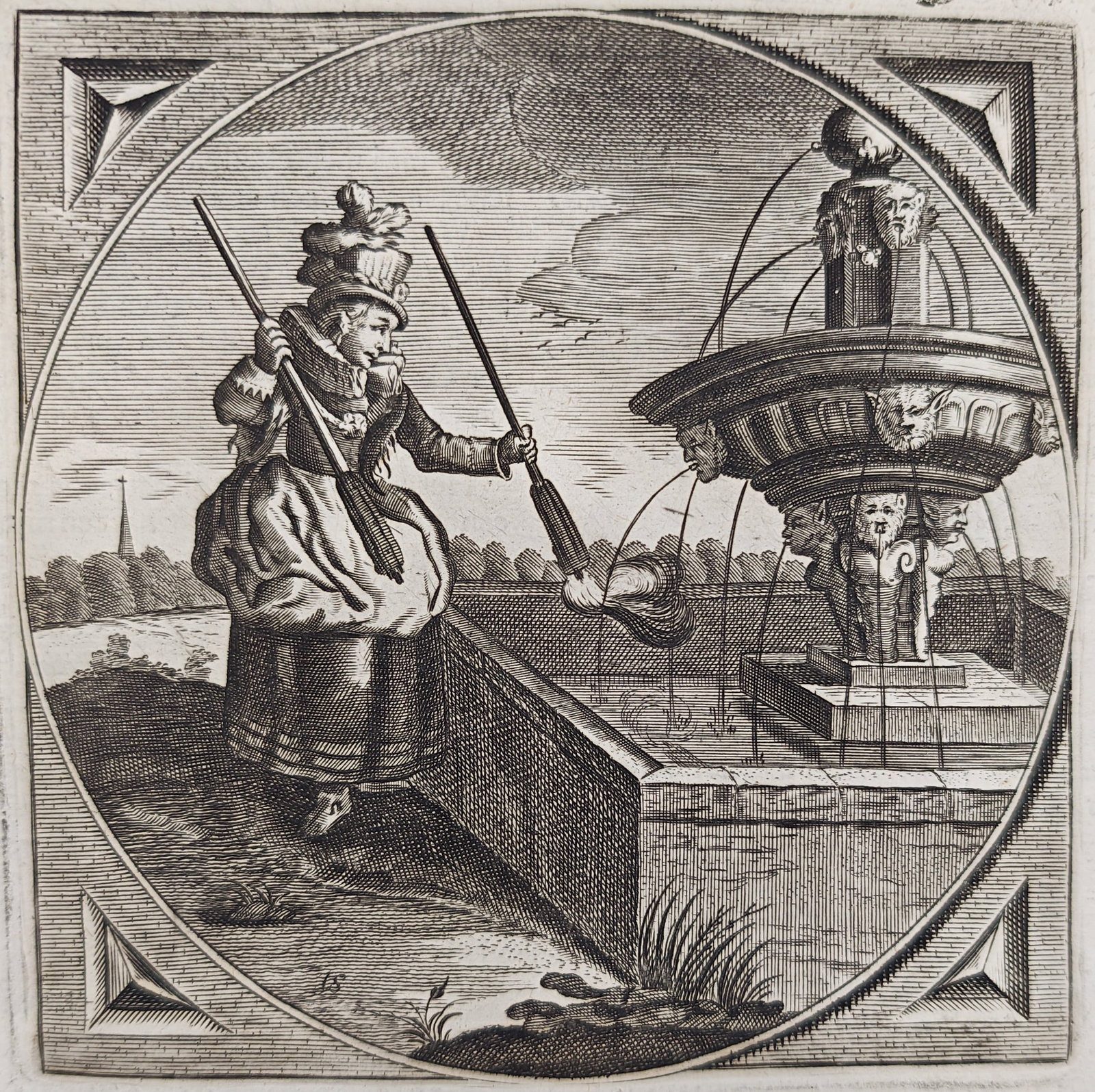 Jacob Cats – Love, Penelope's Web – Engraving (17th Century): "Love, Penelope's Web" presents a moral emblem illustrating an allegorical figure holding a burning torch toward an ornate fountain basin surrounded by poetic commentary. This Dutch Golden Age illustr