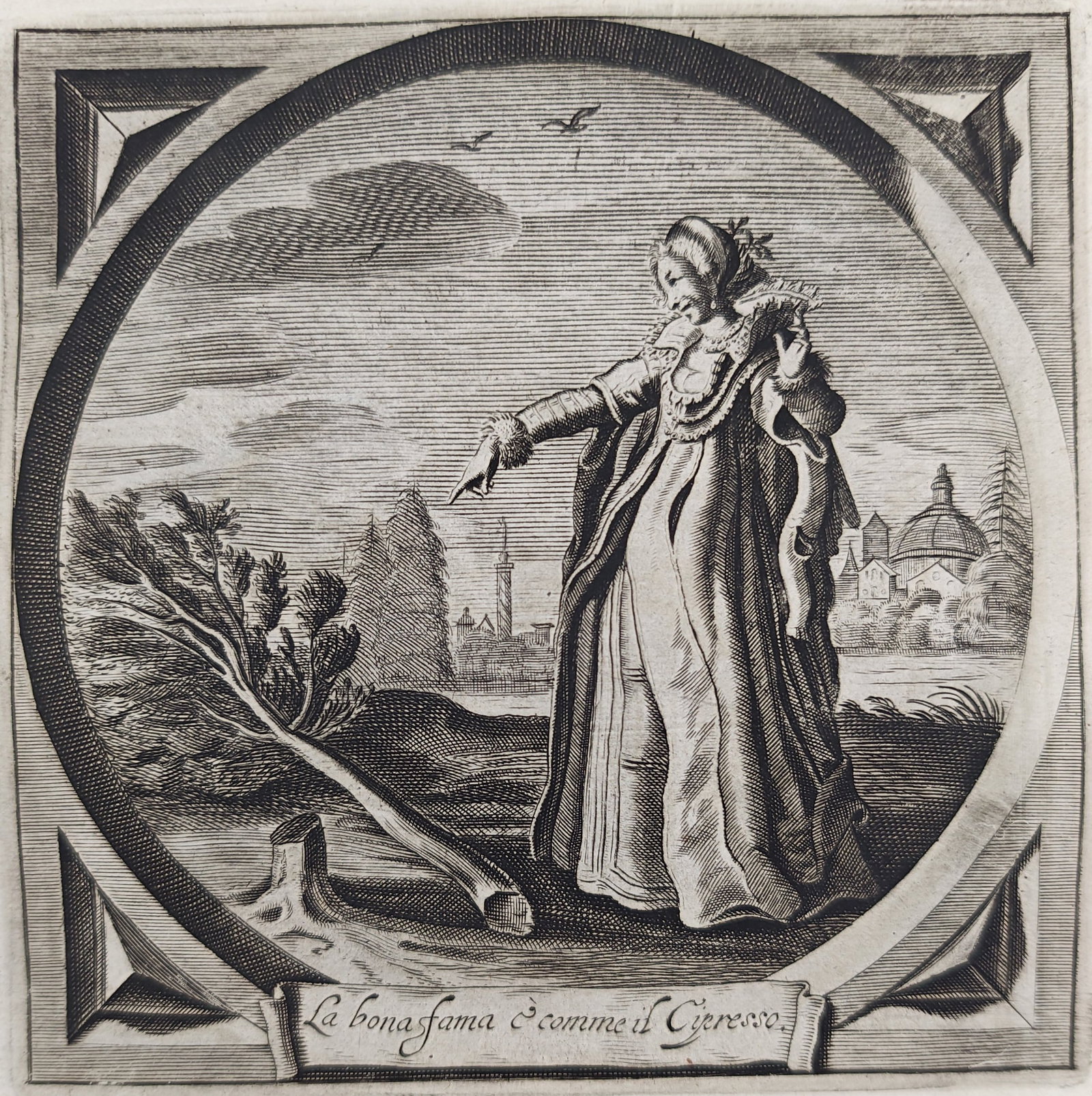 Jacob Cats – Deceived and Dishonored Maidens – Engraving (17th Century): "Deceived and Dishonored Maidens" presents a moral emblem depicting an elegantly dressed woman gesturing toward a felled cypress tree within a landscape setting. This Dutch Golden Age illustration was