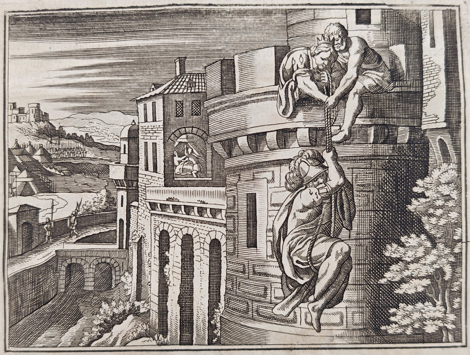 Johann Ludwig Gottfried – John Tzimiskes Scaling the Palace Walls – Engraving (17th Century): "John Tzimiskes Scaling the Palace Walls" presents a historical scene depicting the Byzantine general being hoisted into the imperial fortress during the conspiracy against Emperor Nicephorus. This hi