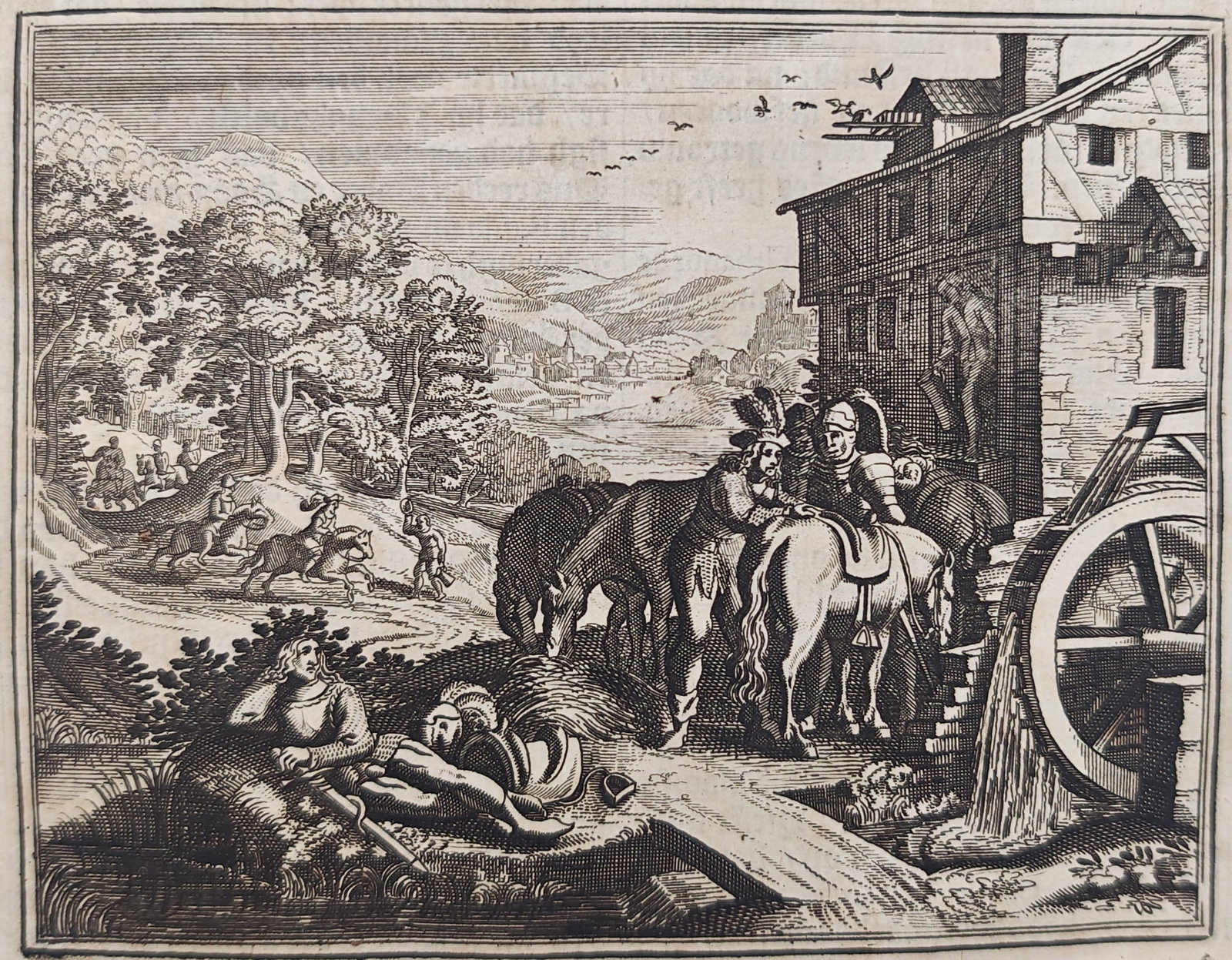 Johann Ludwig Gottfried – Ambush of Margrave Egbert at the Watermill – Engraving (17th Century): "Ambush of Margrave Egbert at the Watermill" presents a historical scene depicting armed soldiers and riders halting outside a countryside watermill surrounded by a rolling landscape. This historical 