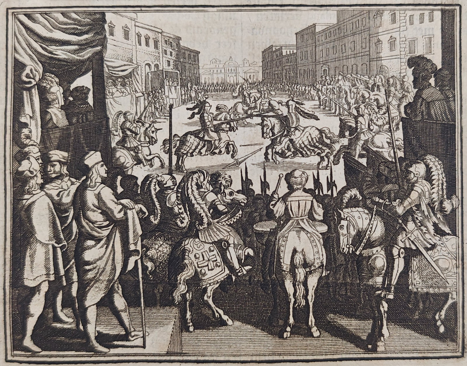 Johann Ludwig Gottfried – Tournament Hosted by the Count of Clermont – Engraving (17th Century): "Tournament Hosted by the Count of Clermont" presents a historical scene depicting jousting knights competing before onlookers and assembled nobility in a public square. This historical chronicle illu