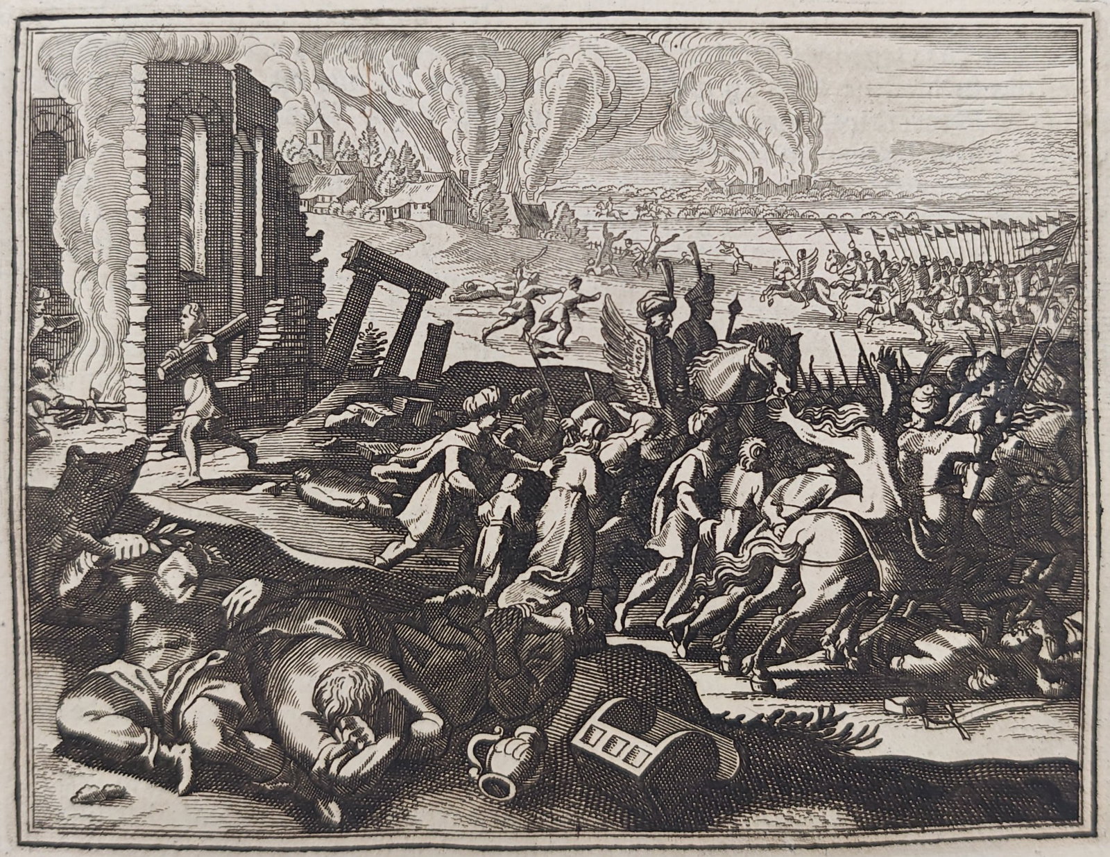 Johann Ludwig Gottfried – Invasion and Plunder of Poland – Engraving (17th Century): "Invasion and Plunder of Poland" presents a historical scene depicting cavalry forces devastating settlements, capturing inhabitants, and burning buildings amidst warfare. This historical chronicle il
