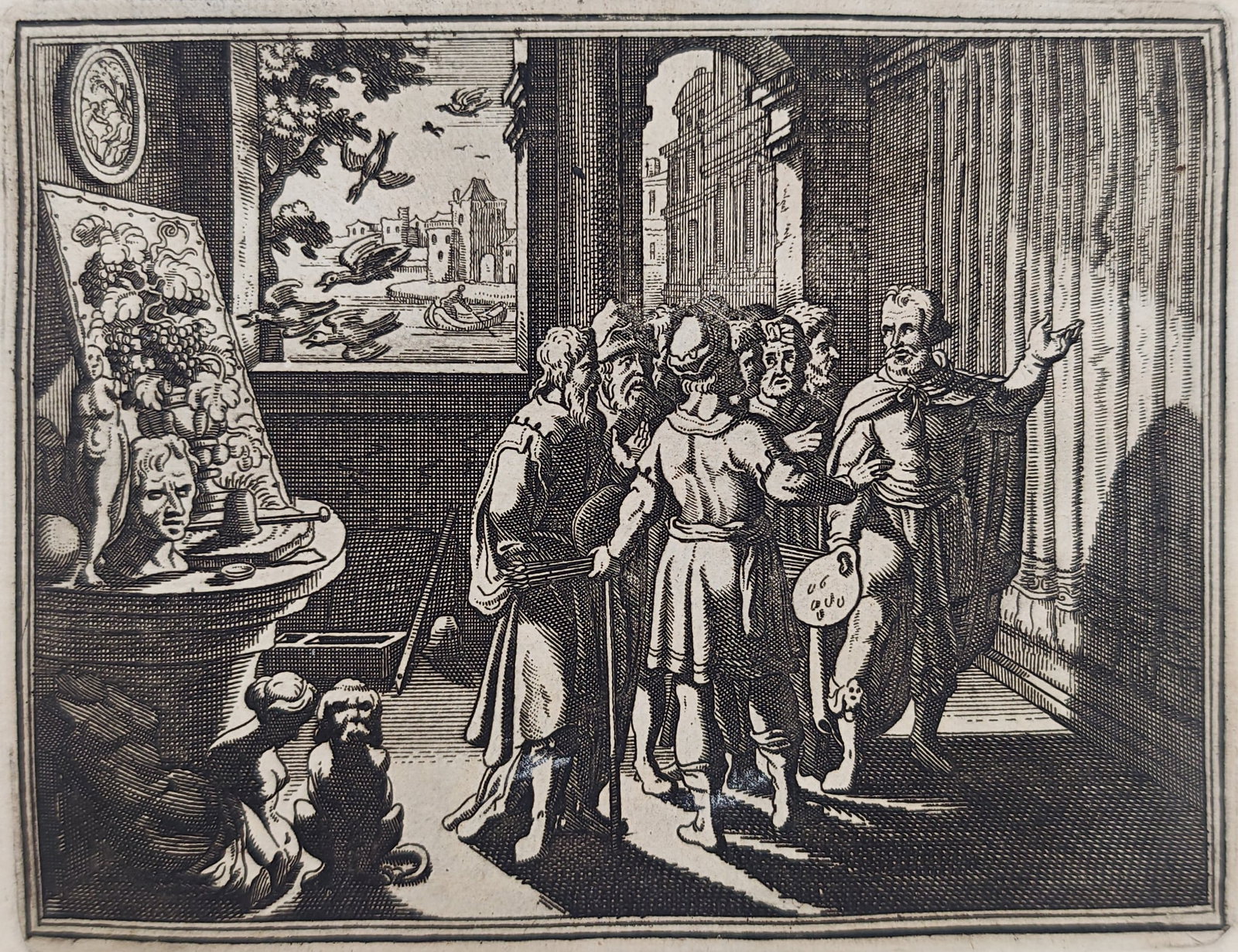 Johann Ludwig Gottfried – Apelles and the Shoemaker – Engraving (17th Century): "Apelles and the Shoemaker" presents a classical scene illustrating the celebrated Greek painter presenting an artwork to onlookers and engaging in aesthetic debate within a studio setting. This histo