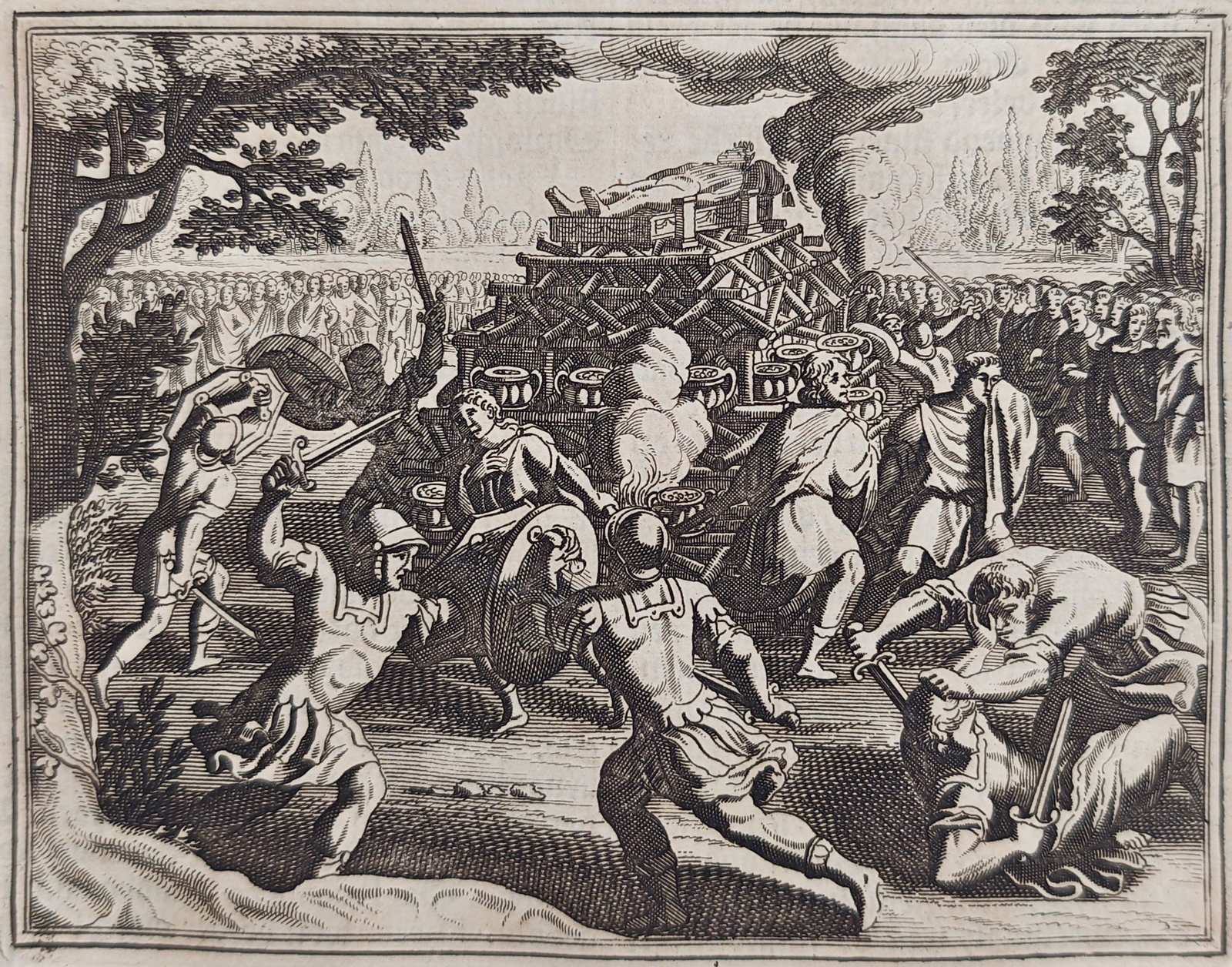 Johann Ludwig Gottfried – Funeral Pyre of Emperor Otho – Engraving (17th Century): "Funeral Pyre of Emperor Otho" presents a classical historical scene depicting Roman soldiers in grief taking their own lives around the burning pyre of the fallen emperor. This historical chronicle i