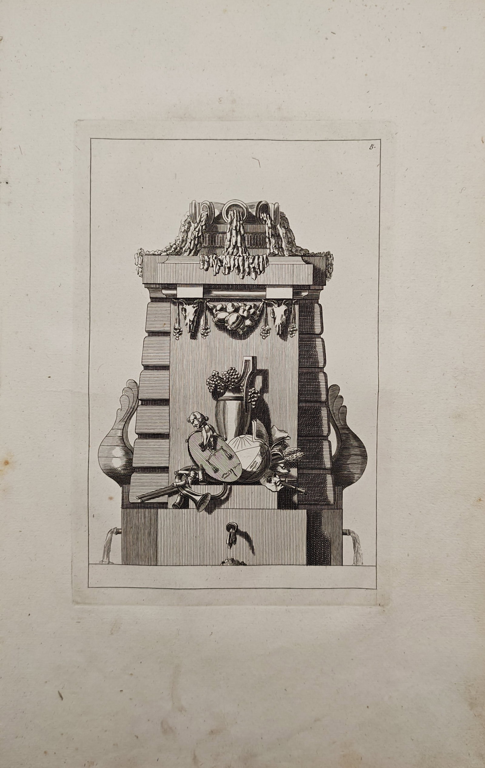 Jean-Charles Delafosse – Monumental Fountain with Musical Attributes – Engraving (18th Century): "Monumental Fountain with Musical Attributes" presents a neoclassical architectural design of an ornamental wall fountain adorned with heavy rustication, garlands, and an allegorical trophy of musical