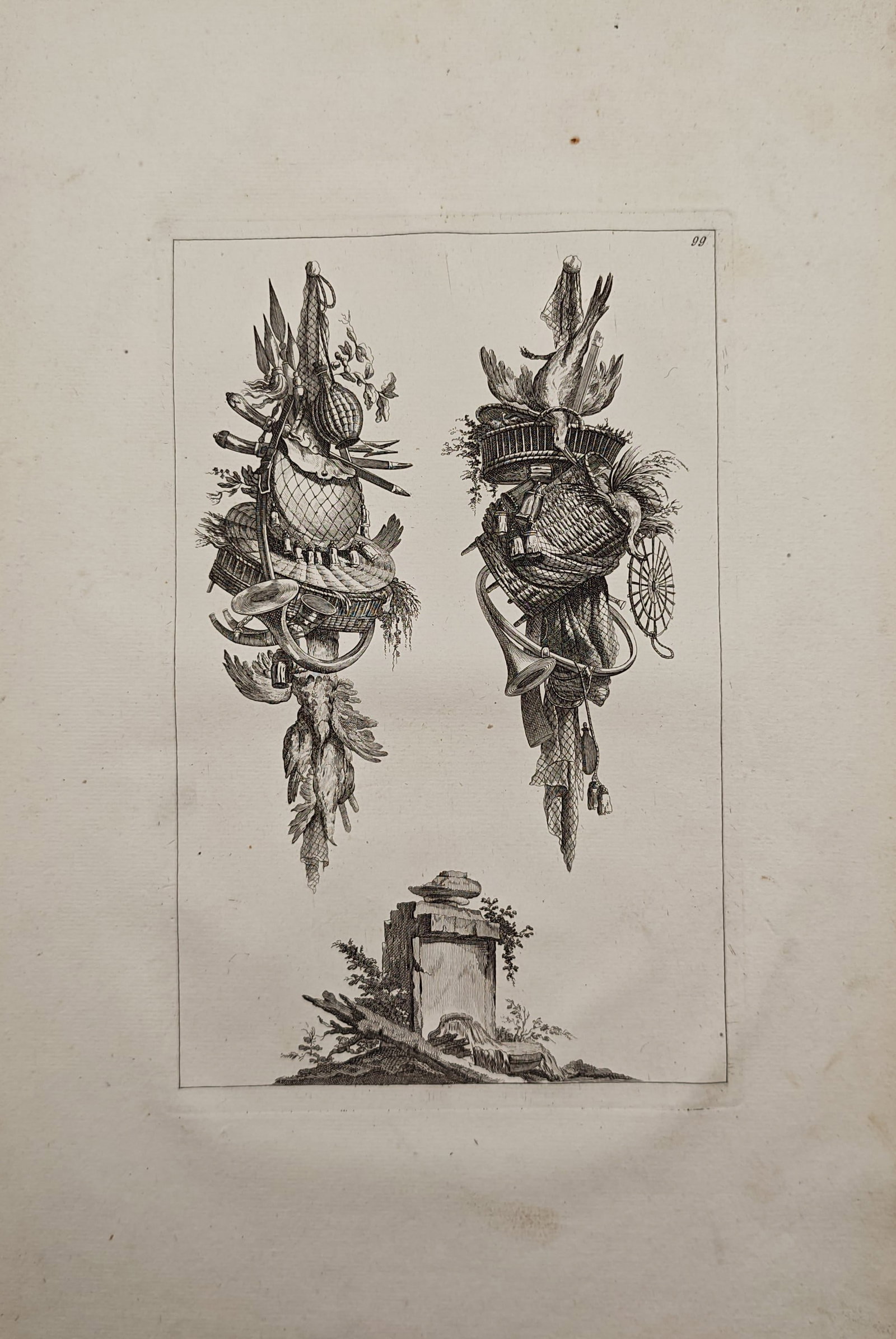 Jean-Charles Delafosse – Hunting Trophies and Classical Pedestal – Engraving (18th Century) (1 of 2)