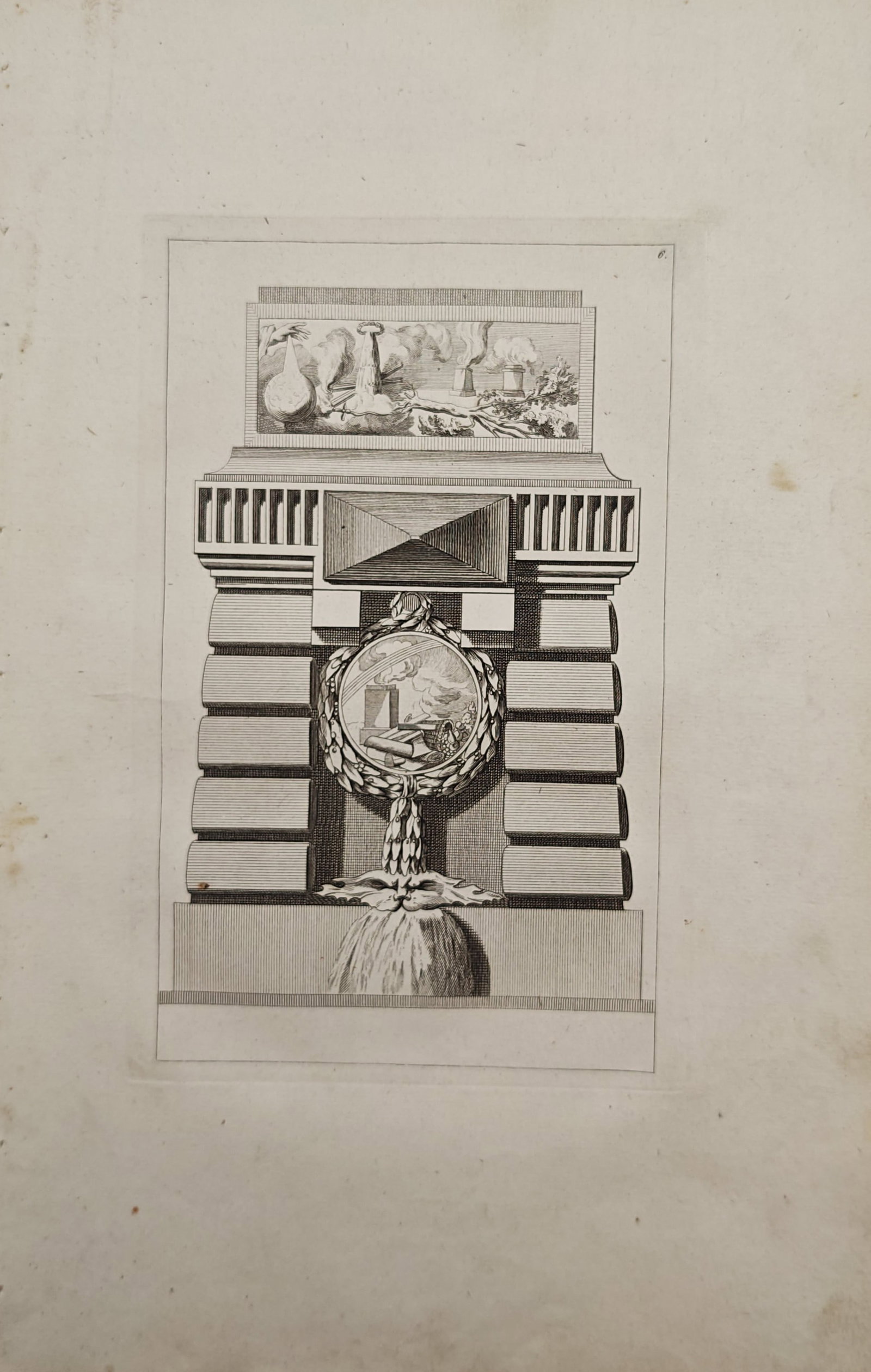 Jean-Charles Delafosse – Monumental Fountain with Medallion – Engraving (18th Century): "Monumental Fountain with Medallion" presents a neoclassical architectural design of a heavily rusticated wall fountain surmounted by an allegorical frieze and a laurel-wreathed medallion. This decora