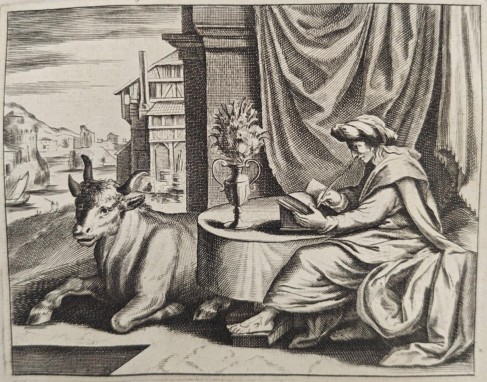 Nicolas Fontaine – Saint Luke the Evangelist – Engraving (17th Century): "Saint Luke the Evangelist" presents a biblical scene depicting the gospel writer composing his sacred text alongside his traditional symbolic winged ox before an open architectural vista. This histor