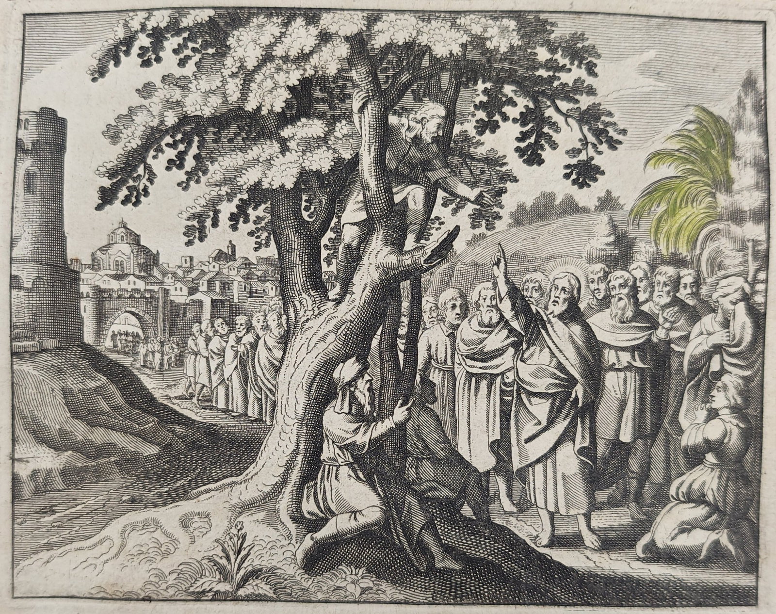Nicolas Fontaine – Conversion of Zacchaeus – Engraving (17th Century): "Conversion of Zacchaeus" presents a biblical scene depicting Jesus addressing the tax collector Zacchaeus who has climbed a sycamore tree amidst an assembled crowd. This historical illustration was p