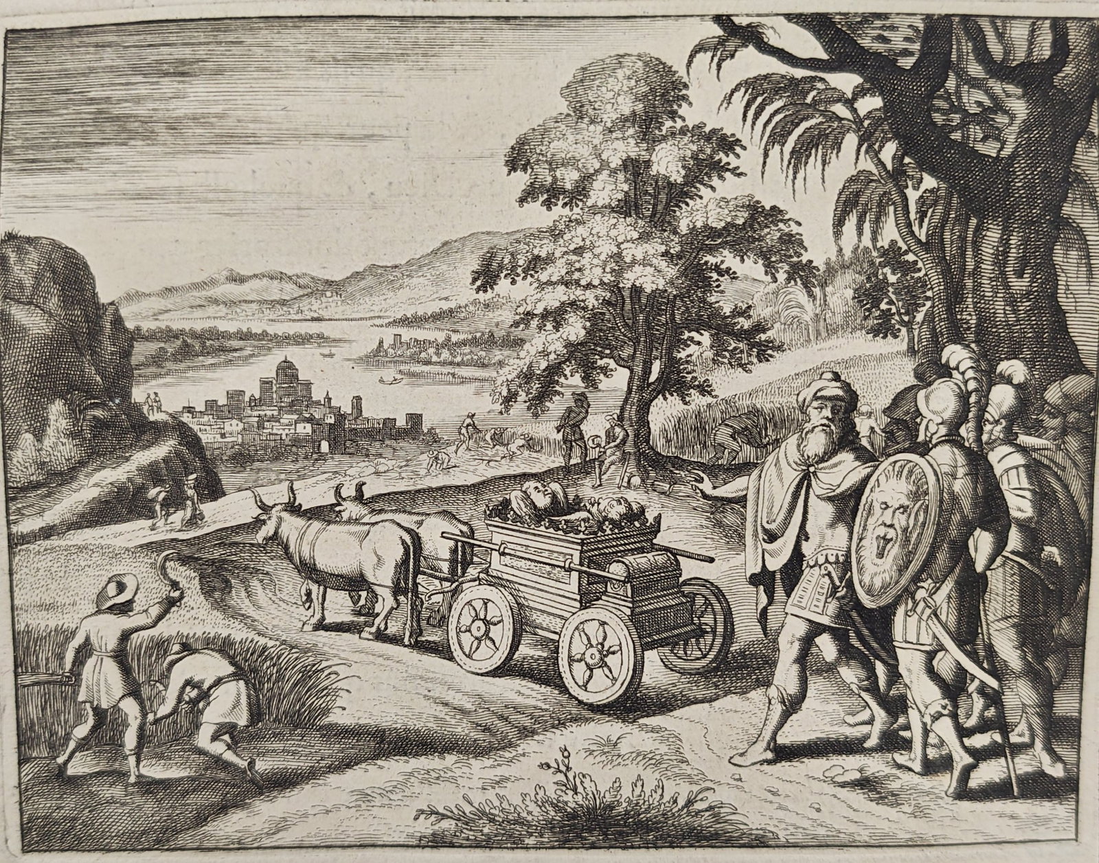 Nicolas Fontaine – Return of the Ark of the Covenant – Engraving (17th Century): "The Return of the Ark" presents a biblical scene illustrating the Philistines returning the sacred Ark on an ox cart to the land of Israel to end the plagues afflicting their people. This historical 