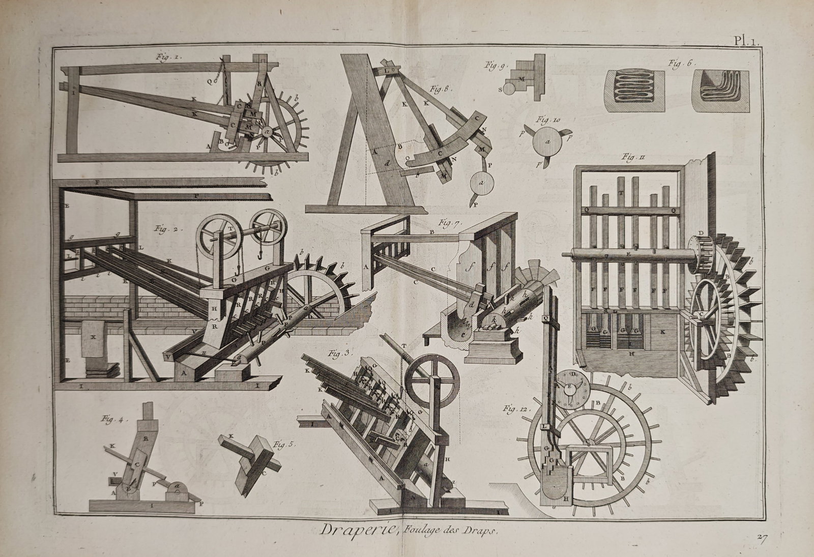 Robert Bénard – Drapery, Fulling of Cloths – Engraving (18th Century): "Drapery, Fulling of Cloths" presents a comprehensive technical study illustrating the mechanical components, wooden frameworks, water wheels, and gear mechanisms used in textile fulling mills. This e