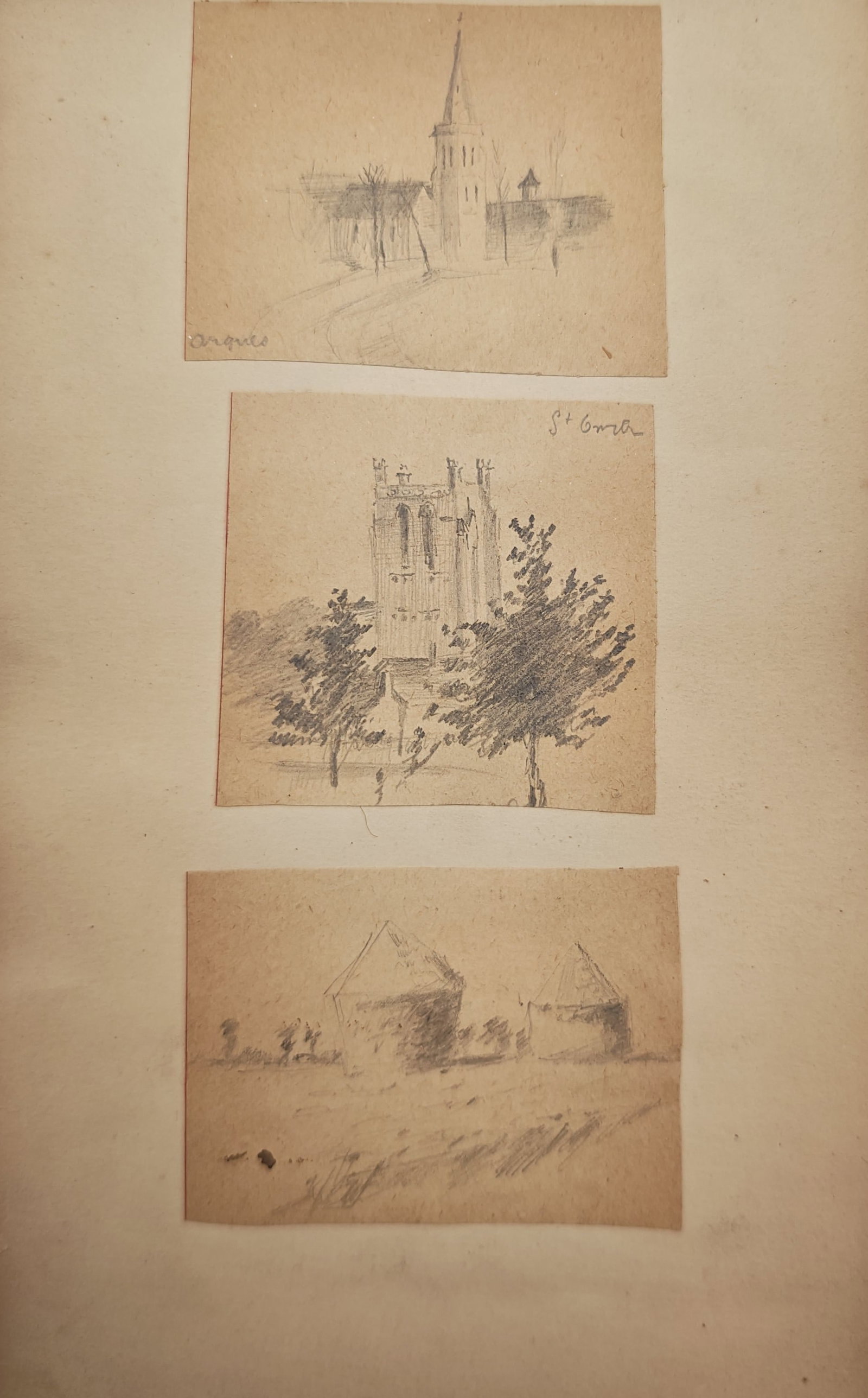 Unknown Artist – Architectural and Landscape Studies – Drawing (20th Century): "Architectural and Landscape Studies" presents delicate preparatory pencil sketches capturing European village architecture, church towers, and rural structures mounted onto backing paper. The composi