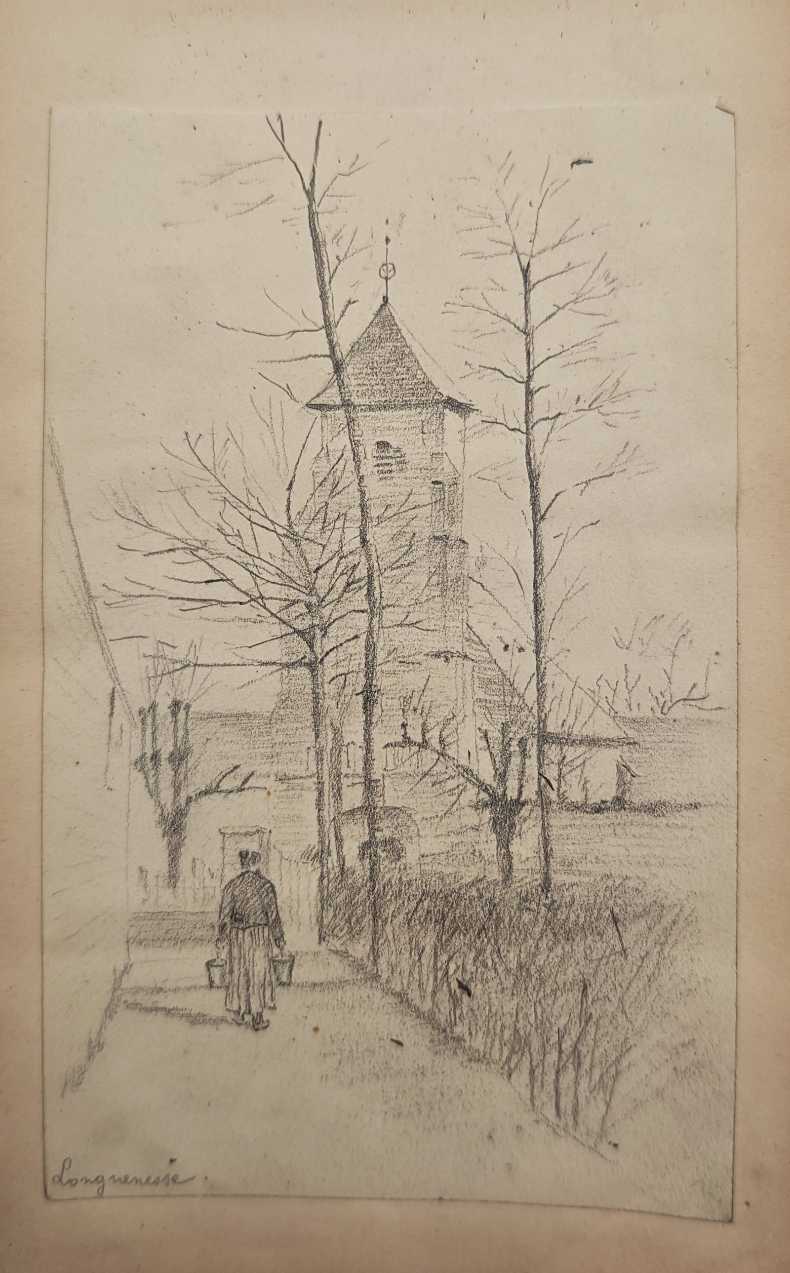Unknown Artist – Village Scene in Longuenesse – Drawing (20th Century): "Village Scene in Longuenesse" presents a delicate pencil sketch depicting a figure walking along a path toward a historic church tower framed by bare trees. The composition captures the quiet rural a