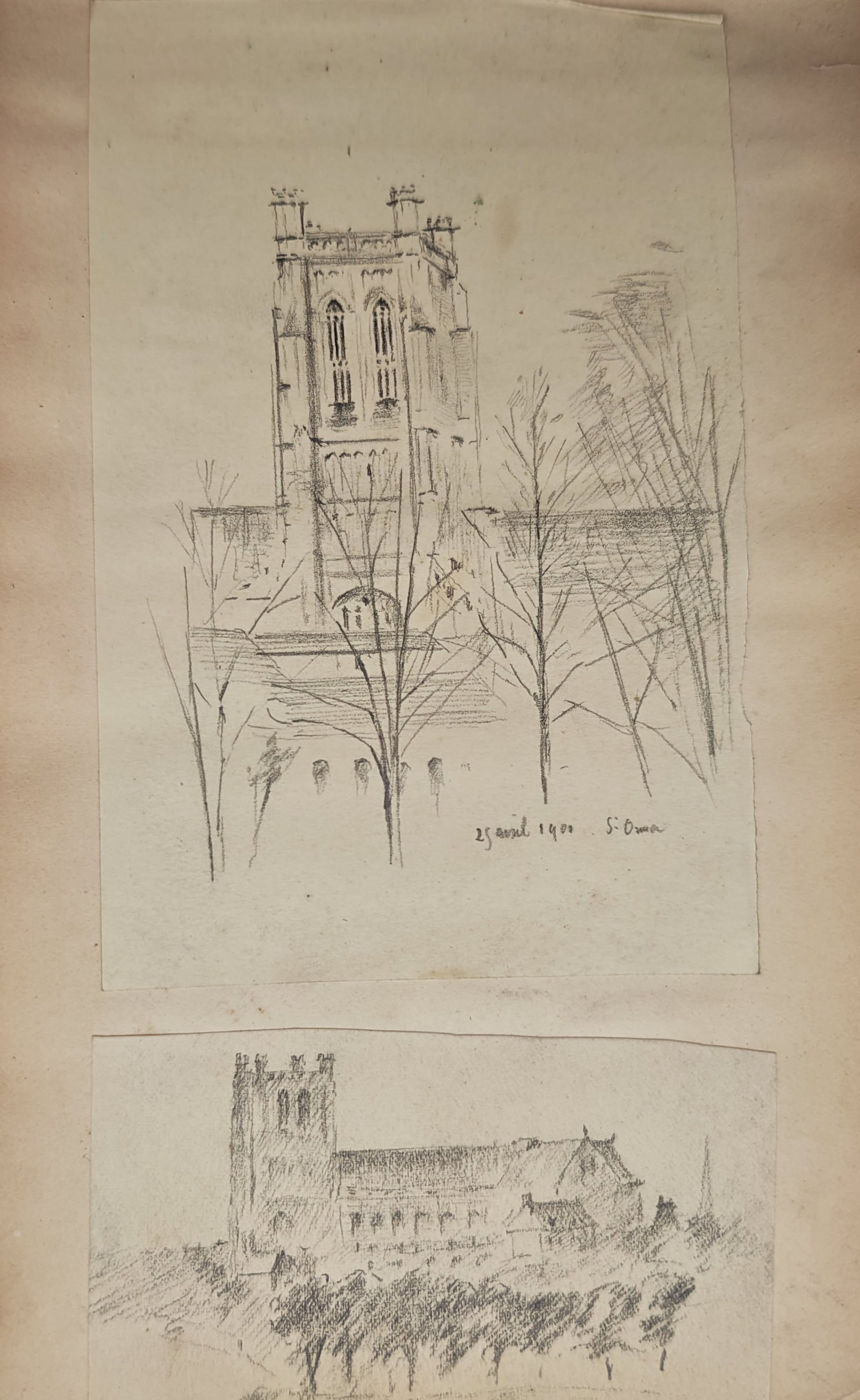 Unknown Artist – Architectural Studies of Saint-Omer Cathedral – Drawing (1900): "Architectural Studies of Saint-Omer Cathedral" presents delicate preparatory pencil sketches capturing close and distant perspectives of the historic gothic church tower and nave amidst surrounding t