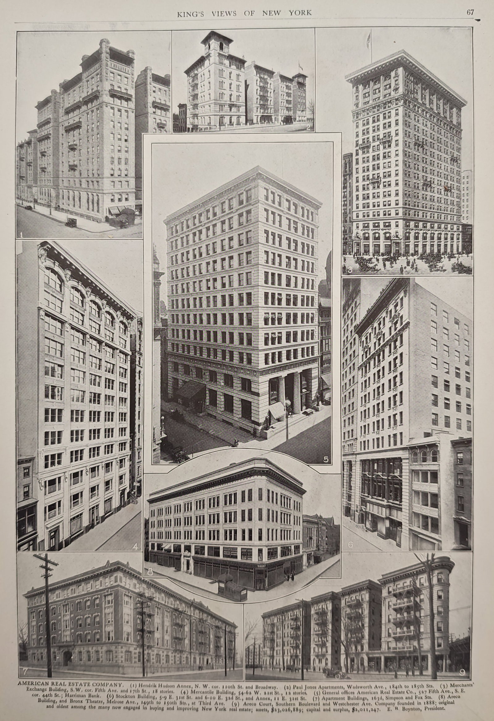 Moses King – American Real Estate Company Buildings – Lithograph (20th Century): "American Real Estate Company Buildings" presents an architectural compendium illustrating various prominent early skyscrapers, commercial structures, and multi-story apartment buildings developed thr