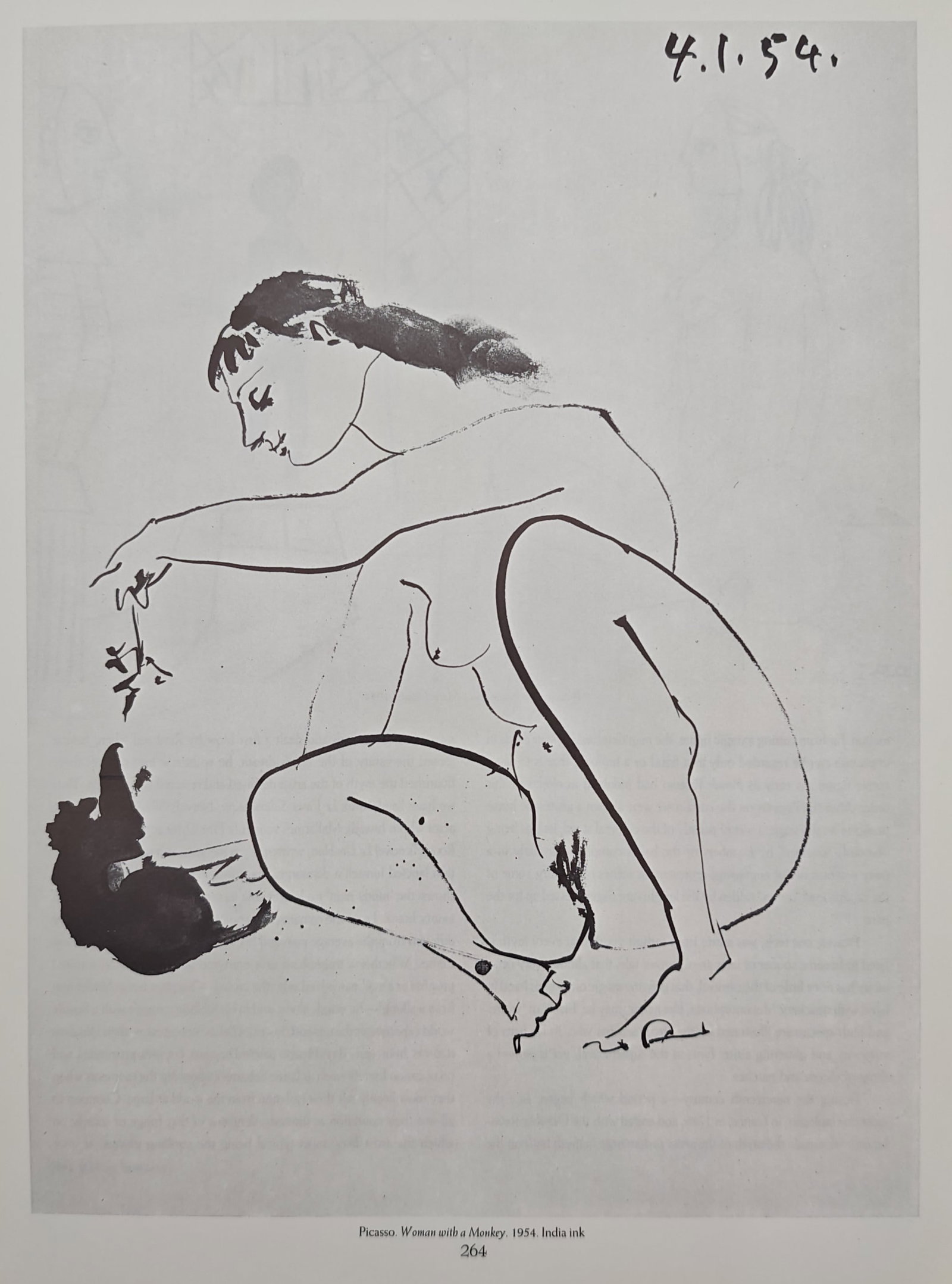 Pablo Picasso,after – Woman with a Monkey – Offset Print (20th Century): "Woman with a Monkey" depicts a seated nude figure interacting with a small animal against a plain background. This minimalist ink composition captures a moment of intimate connection and natural form