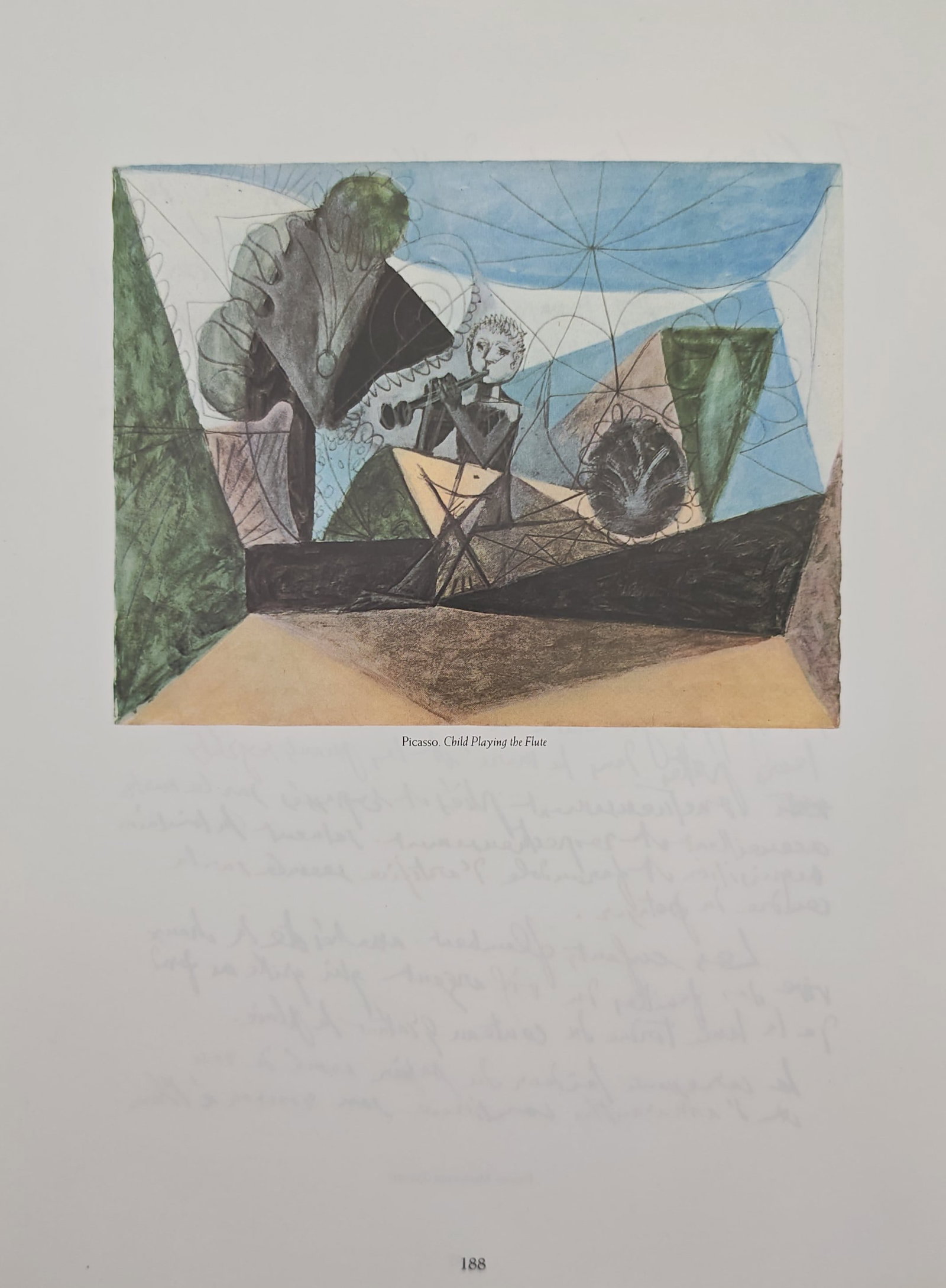 Pablo Picasso,after – Child Playing the Flute – Offset Print (20th Century): "Child Playing the Flute" depicts a stylized, abstract figure engaged in musical performance within a geometric, multi-colored landscape under a blue sky. This colorful composition illustrates a harmo