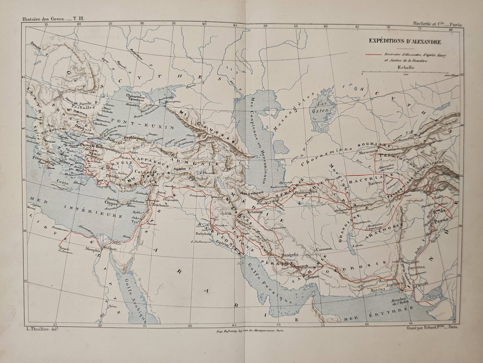 Louis-François Thuillier – Map of the Expeditions of Alexander – Engraving (19th Century): "Map of the Expeditions of Alexander" presents a detailed cartographic layout tracing historical military campaigns across the Mediterranean, the Middle East, and parts of Asia. This historical overvi