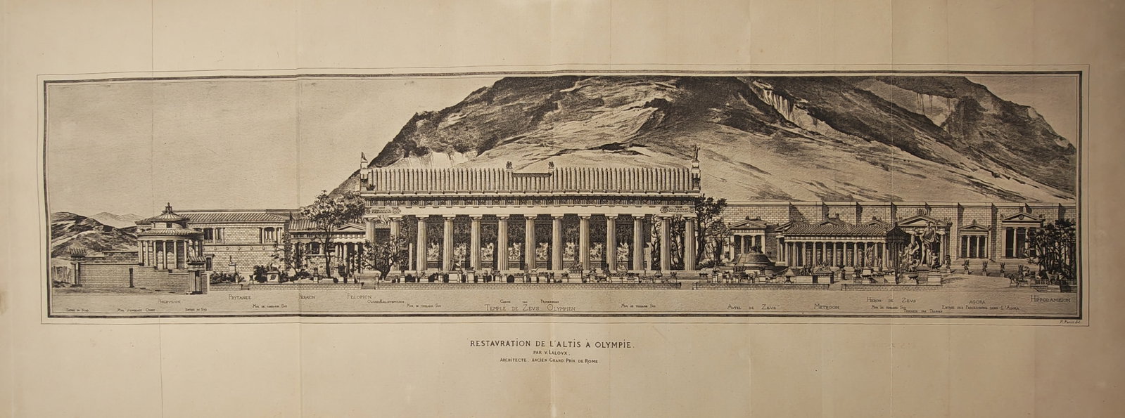 Victor Laloux – Restoration of the Altis at Olympia – Engraving (19th Century): "Restoration of the Altis at Olympia" presents a sweeping panoramic view reconstruction of the ancient sacred sanctuary structures set against a mountainous backdrop. This grand architectural study ca