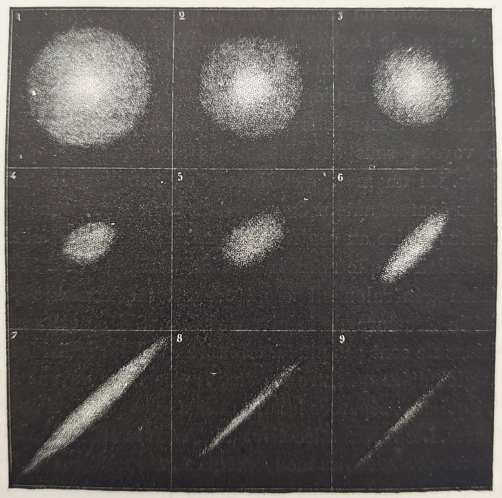 Amédée Guillemin – Regular Nebulae after John Herschel – Wood engraving (19th Century): "Regular Nebulae after John Herschel" displays a grid of multiple distinct telescopic observations illustrating celestial formations in various stages of circular and oval shapes. This comparative sci
