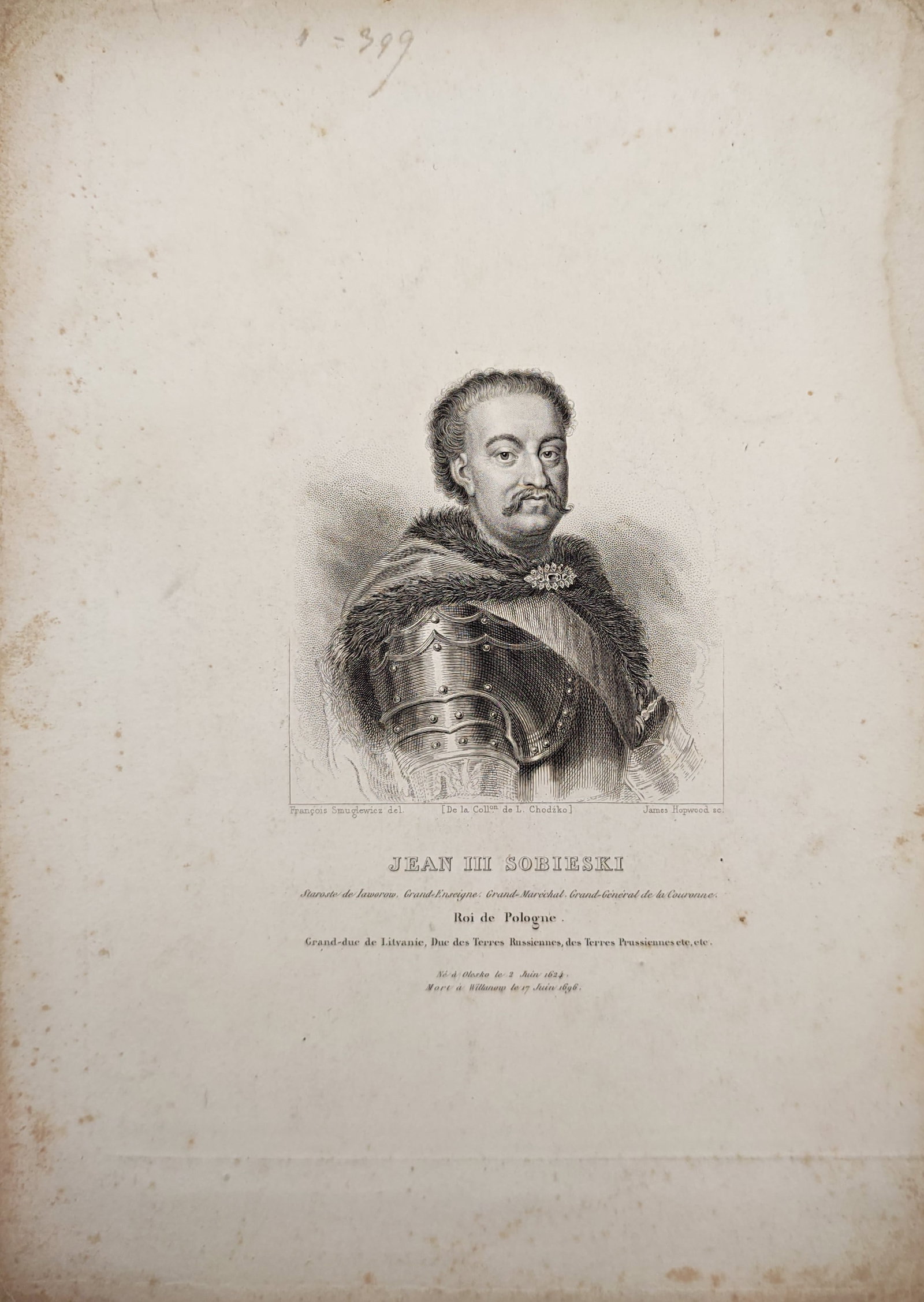 James Hopwood – Jean III Sobieski – Engraving (19th Century): "Jean III Sobieski" features a half-length portrait of the Polish king in detailed plate armor draped with a rich fur cloak. This formal military depiction includes extensive biographical titles and h