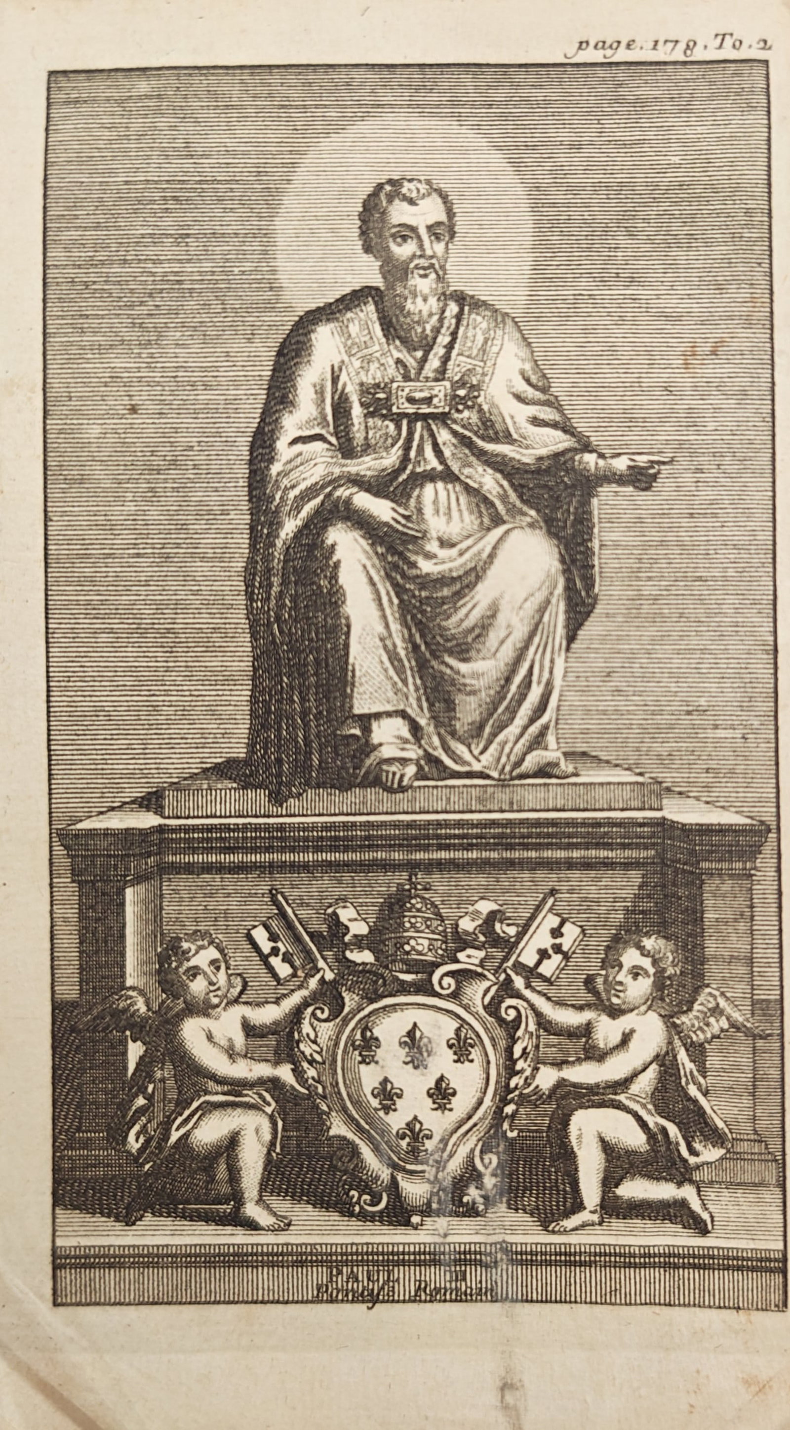 Unknown Artist – Statue of Pope Paul V – Engraving (18th Century): "Statue of Pope Paul V" illustrates a haloed pontiff seated majestically upon an architectural pedestal while gesturing outward. The base of the monument features a large papal coat of arms adorned wi