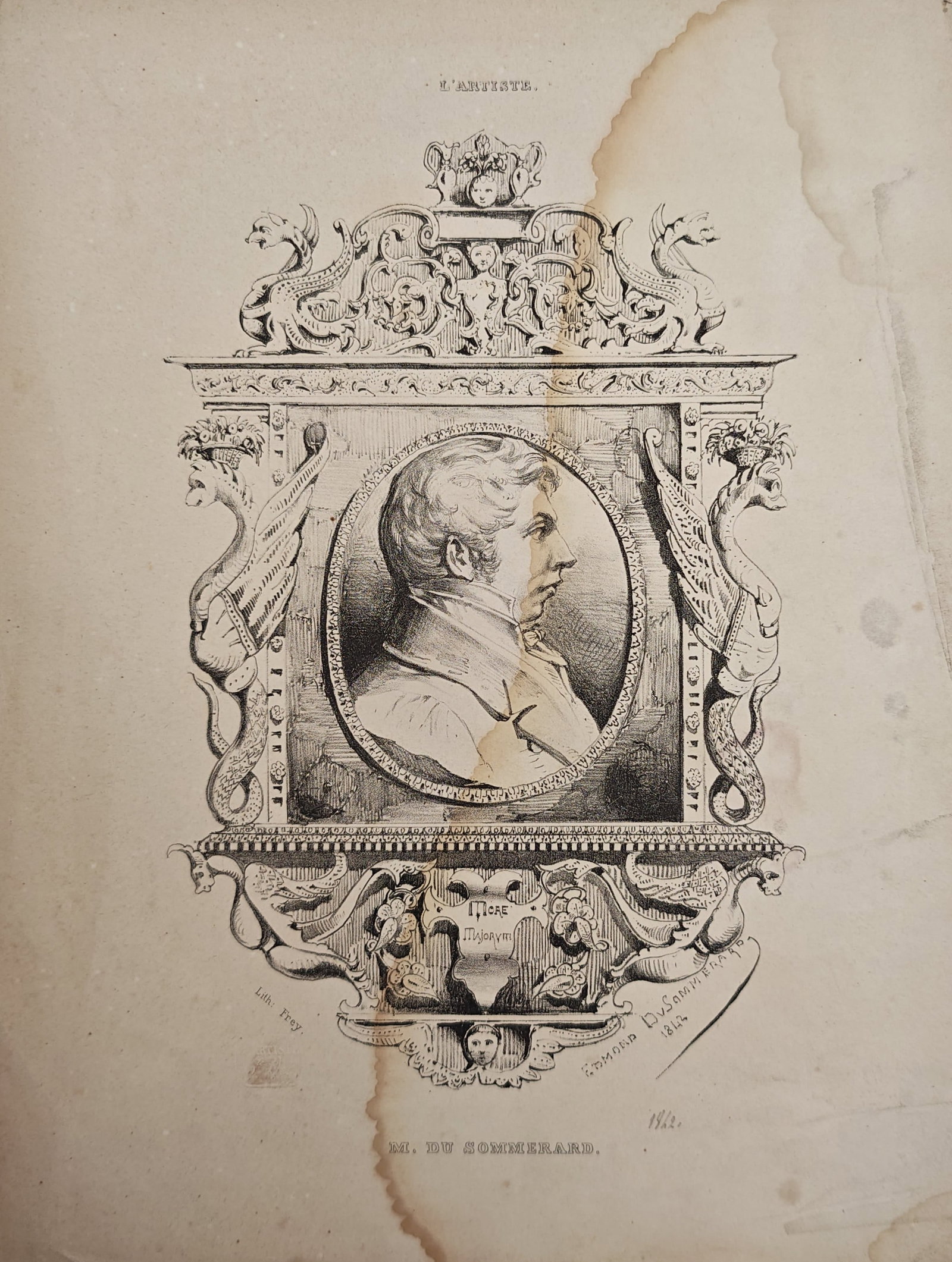 Alexandre Du Sommerard – Portrait of Alexandre Du Sommerard – Engraving (19th Century): "Portrait of Alexandre Du Sommerard" features a profile portrait of a gentleman enclosed in an ornate architectural frame flanked by stylized sea creatures and classical figures. The elaborate border 