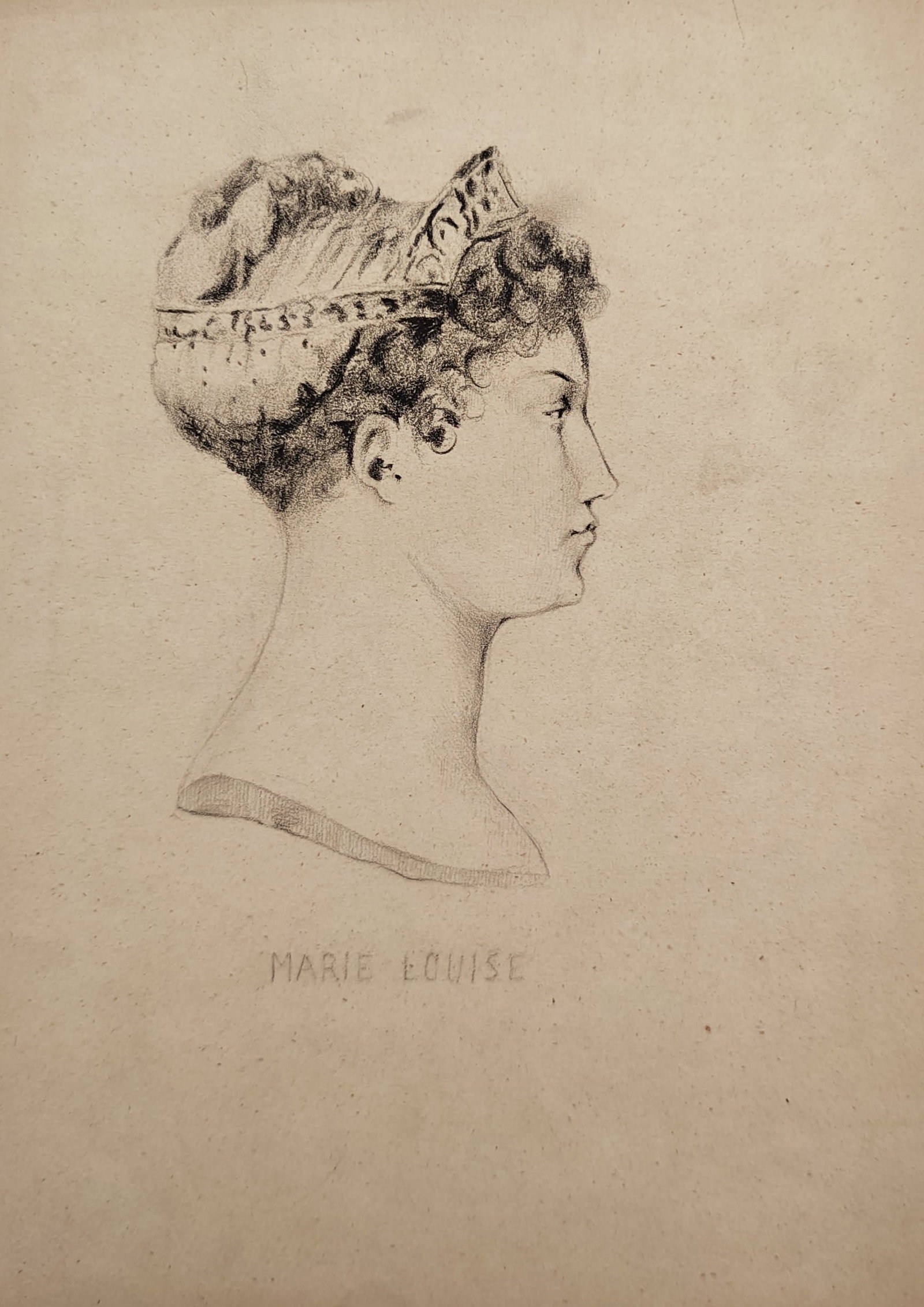 Baron Dominique Vivant Denon – Portrait of Empress Marie Louise – Etching (19th Century): "Portrait of Empress Marie Louise" features a refined classical profile study of the French empress looking forward while wearing an elaborate royal tiara. The minimalist composition captures her port