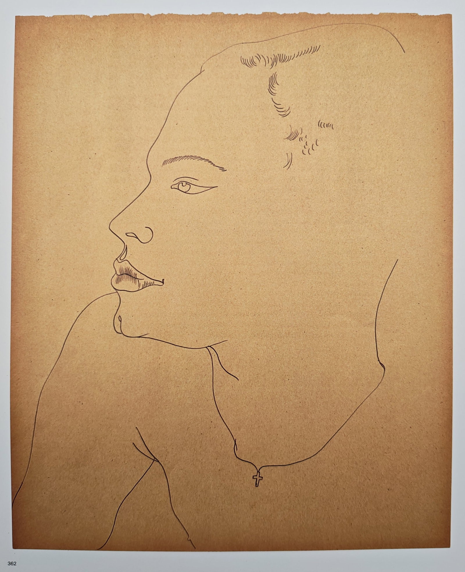 Andy Warhol,after – Male Profile with Cross Necklace – Offset lithographic reproduction (2006): "Male Profile with Cross Necklace" features a minimalist line drawing depicting the side profile of a young man wearing a delicate chain with a small crucifix pendant. This elegant, blotted-line style