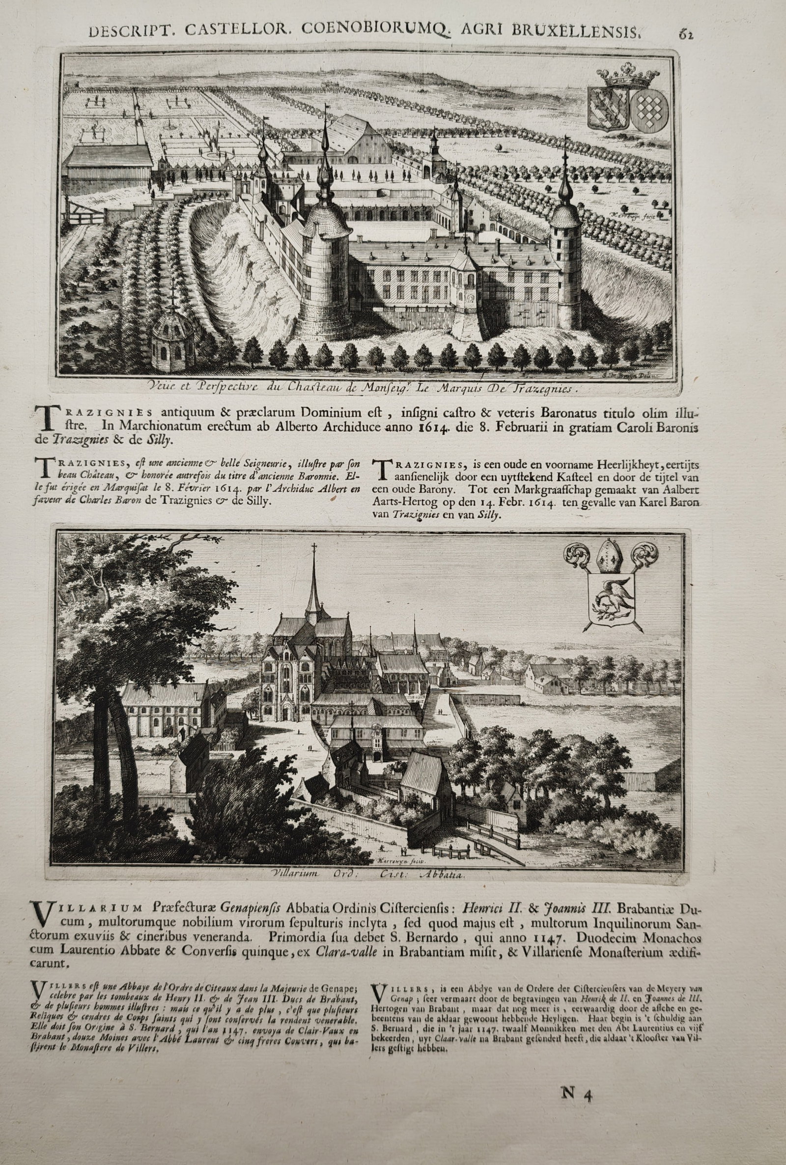 Jacques Le Roy – Architectural Views of Trazegnies Castle and Villers Abbey – Engraving: "Description of the Castles and Monasteries of the Brussels Region" presents topographical and architectural perspectives of Trazegnies Castle and the Cistercian Abbey of Villers alongside accompanyin