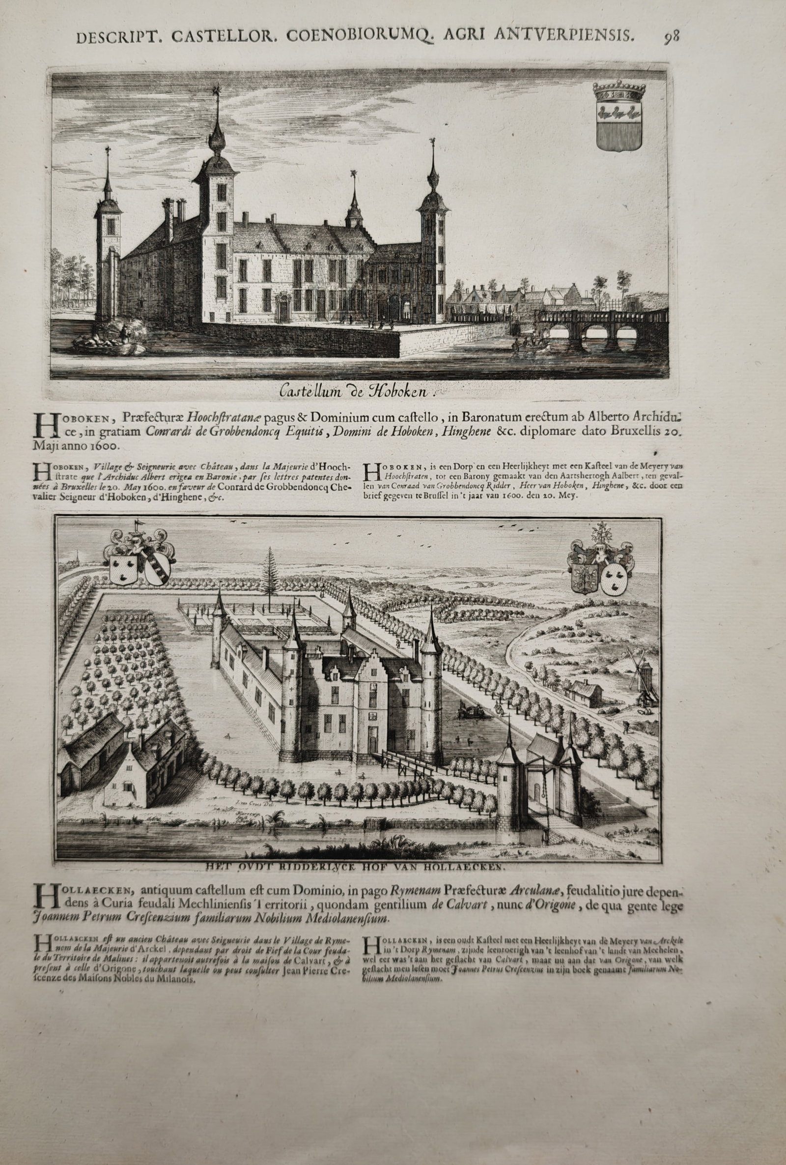 Jacques Le Roy – Architectural Views of Hoboken Castle and Hollaecken Court – Engraving: "Description of the Castles and Monasteries of the Antwerp Region" presents topographical and architectural perspectives of Hoboken Castle and the historic manorial court of Hollaecken alongside accom