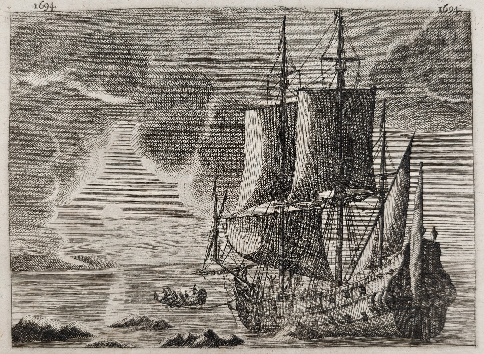 François Valentijn – Seafaring Vessel Navigating Near Rocky Shoals – Engraving (18th Century): "The Author's First" depicts a large sailing ship navigating turbulent coastal waters near exposed rocks while lowering a small rowboat under an overcast sky. The narrative composition incorporates Du