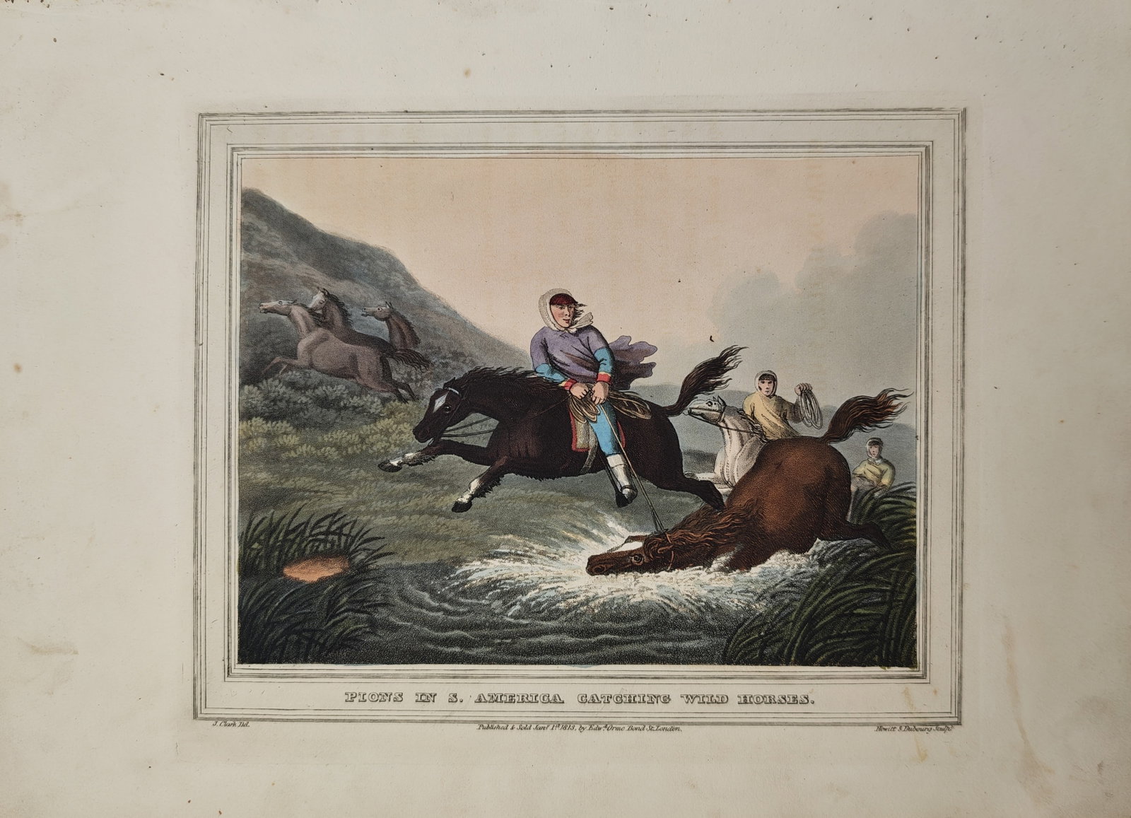 John Heaviside Clark – Peons in South America Catching Wild Horses – Aquatint (1813) (1 of 2)