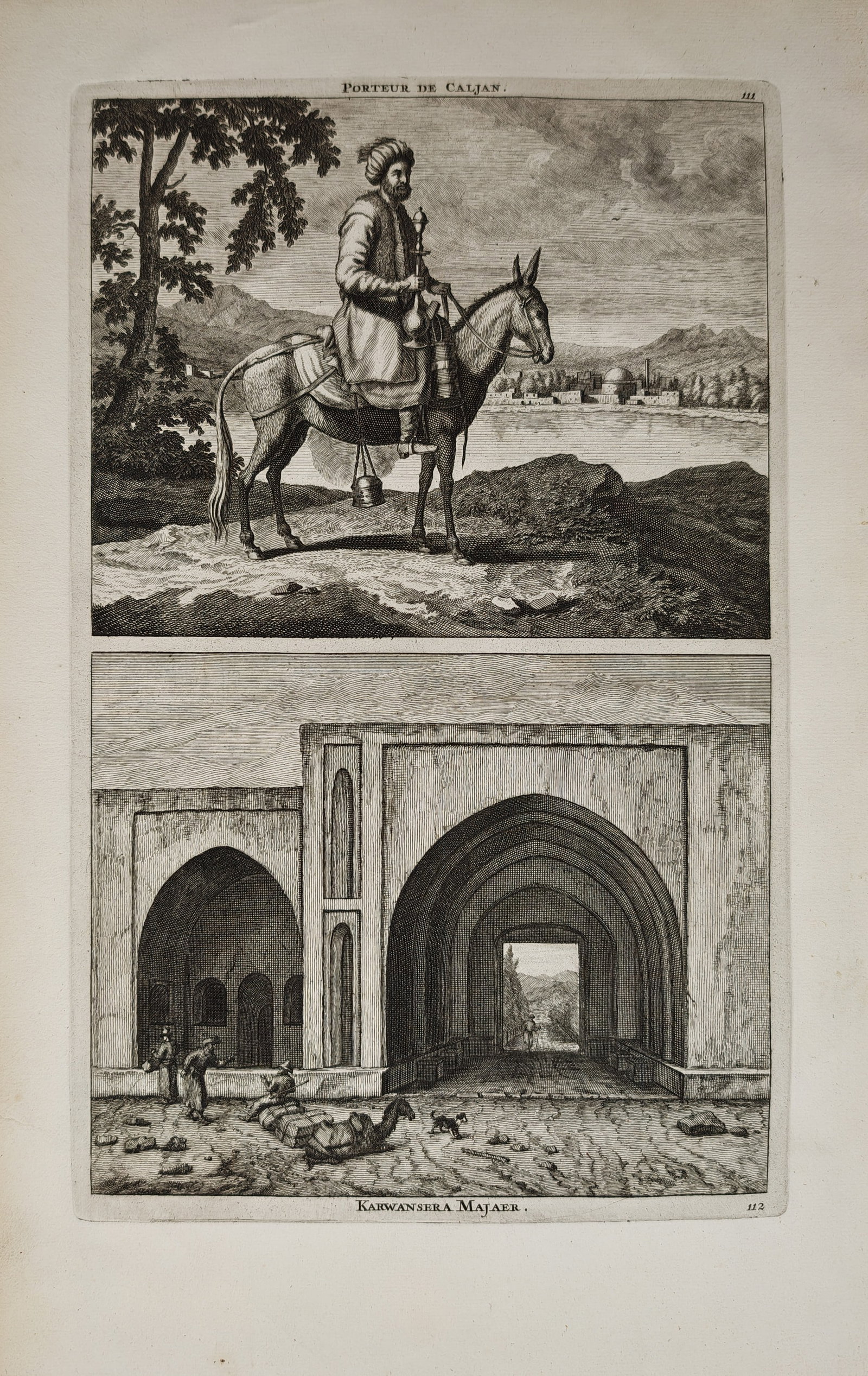 Cornelis de Bruyn – Persian Pipe Bearer on Horseback and Caravanserai of Majaer – Engraving (1 of 2)