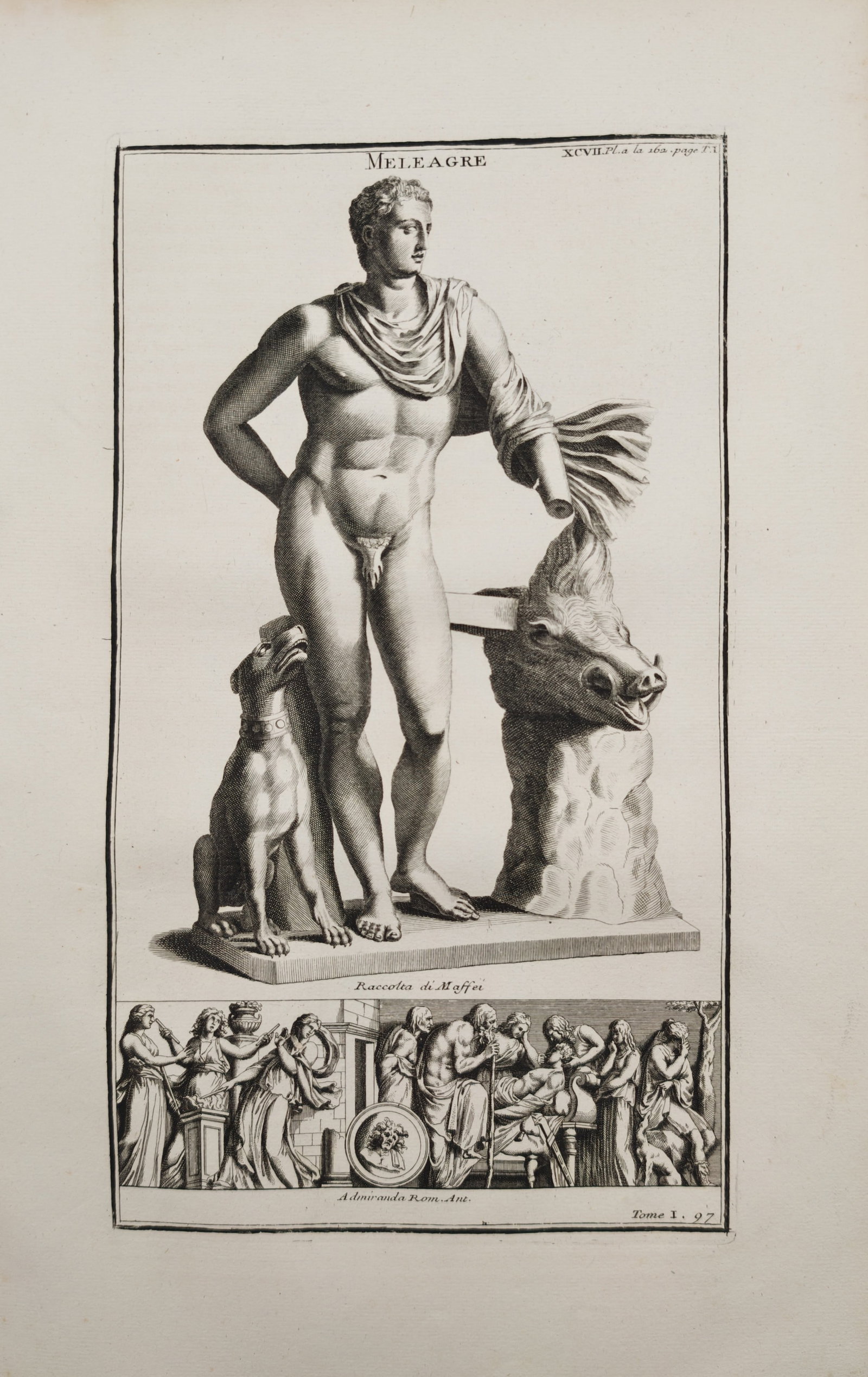 Bernard de Montfaucon – Classical Sculpture and Sarcophagus Relief of Meleager – Engraving: "Meleager" presents an antiquarian study of classical Greco-Roman mythological sculpture, illustrating the hero Meleager standing beside a hunting dog and the head of the Calydonian boar above a narra