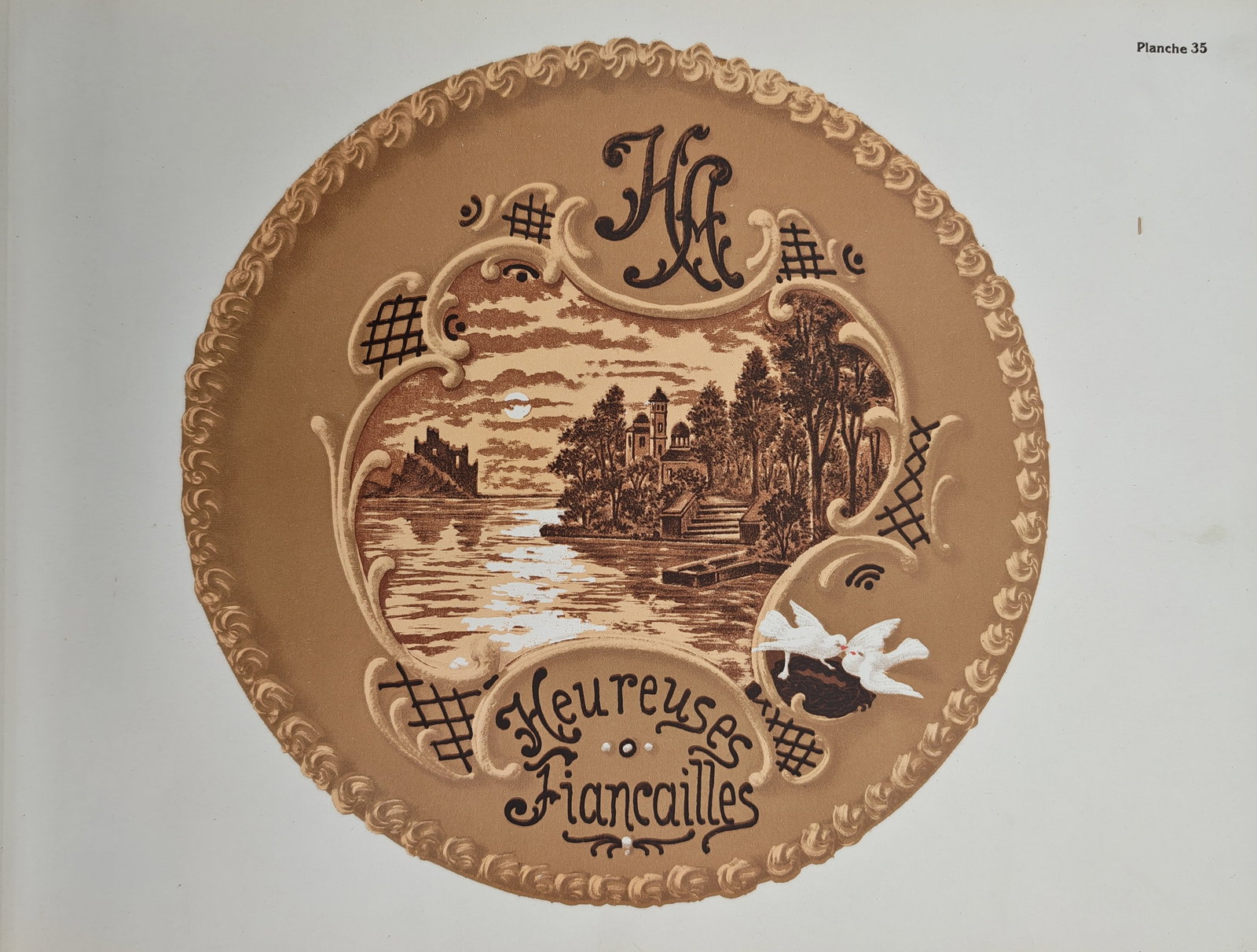 Pierre-Louis Duchartre – Decorative Confectionery Design for Happy Engagement – Lithograph: "Happy Engagement" presents a decorative ornamental confectionery design featuring a romantic landscape scene framed within intricate scrollwork, celebratory typography, and paired doves. Rendered in 