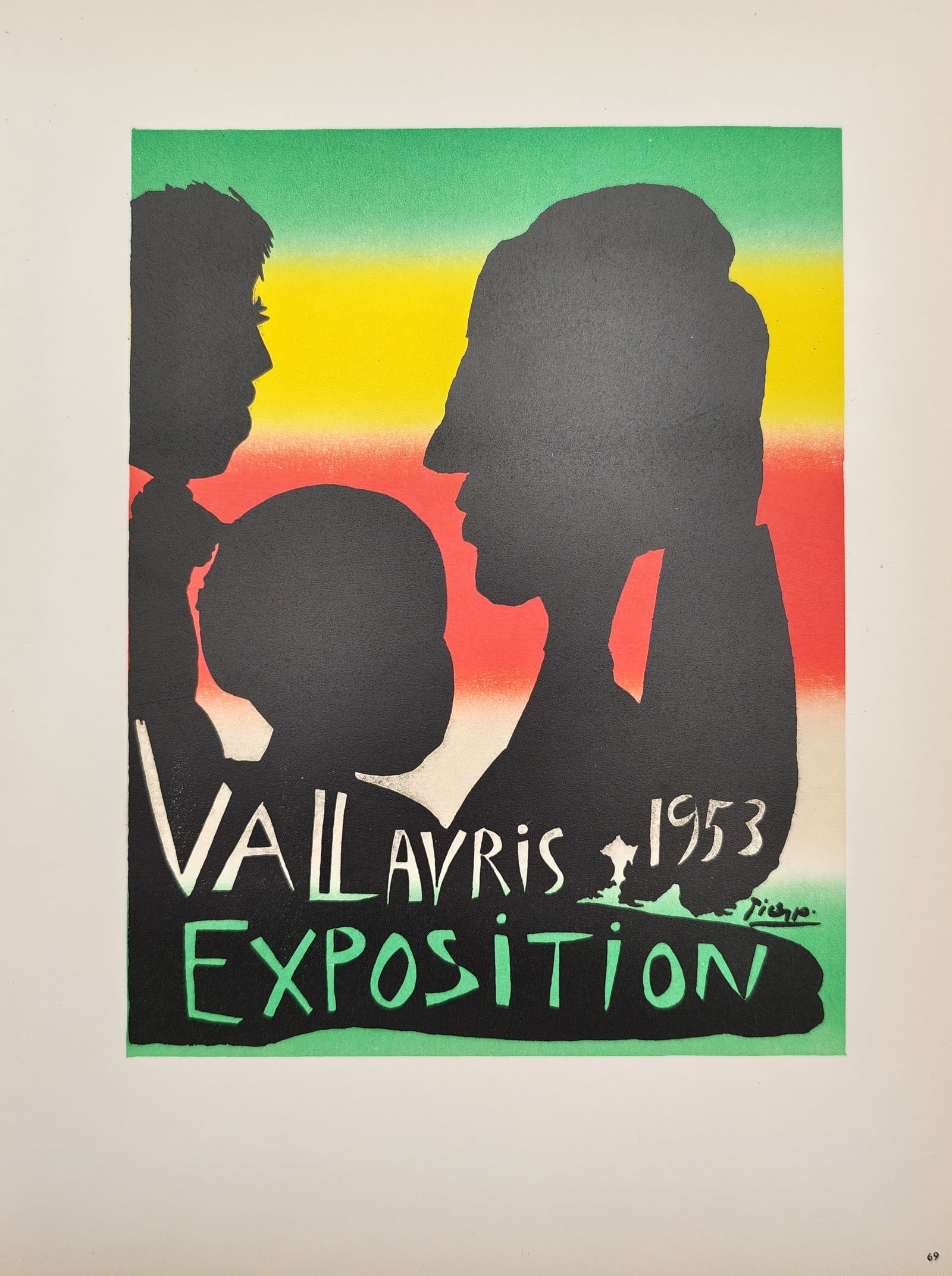 Pablo Picasso – Vallauris Exhibition Poster – Offset print (20th Century): "Vallauris 1953 Exhibition" This offset print features a bold exhibition poster design showcasing three stylized black silhouette profiles of a man, woman, and child set against a vibrant background o