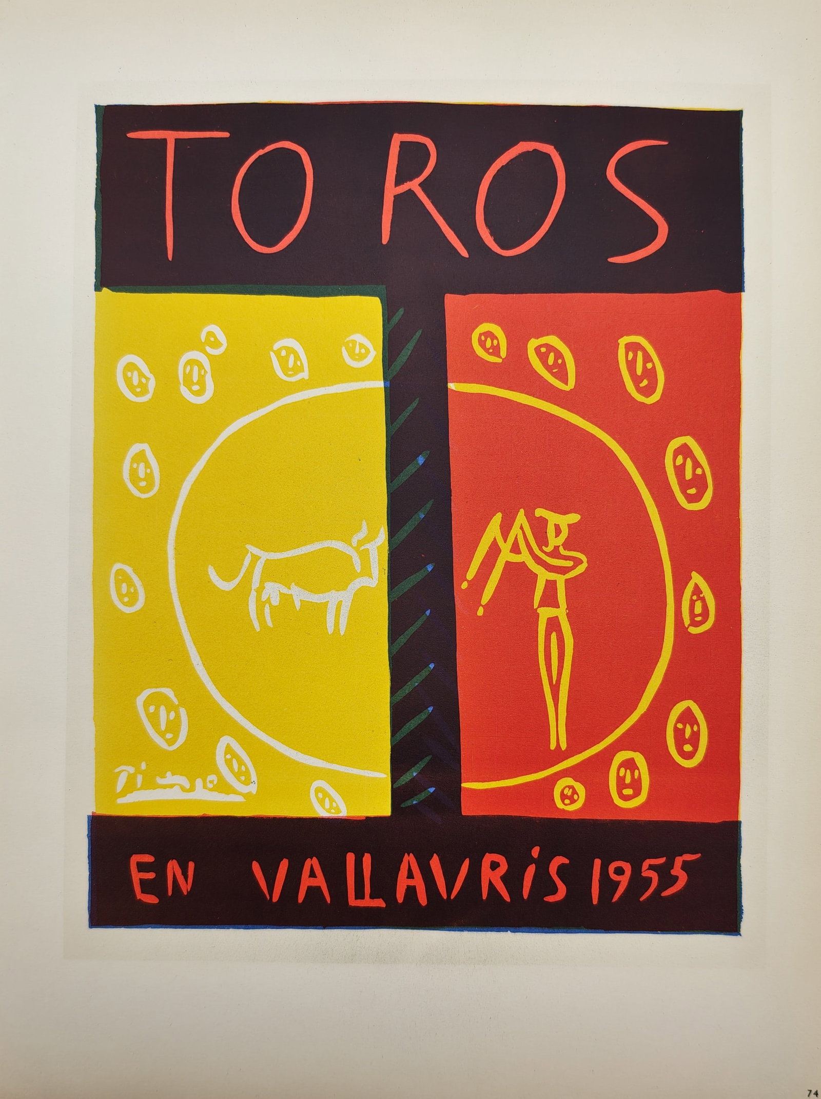 Pablo Picasso,after – Bulls in Vallauris Exhibition Poster – Offset print (20th Century): "Bulls in Vallauris 1955" This offset print features a vibrant modernist poster design split into yellow and red halves by a central black structure, showcasing primitive drawings of a bull, a matador