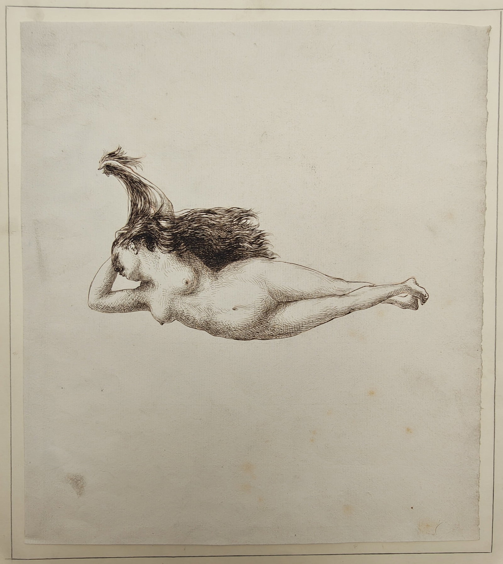 Francisco Goya – Reclining Female Nude – Lithograph (20th Century): "Reclining Female Nude" This lithograph presents a delicate figurative study capturing a naked woman floating horizontally through empty space while resting her head thoughtfully upon her hands. The c