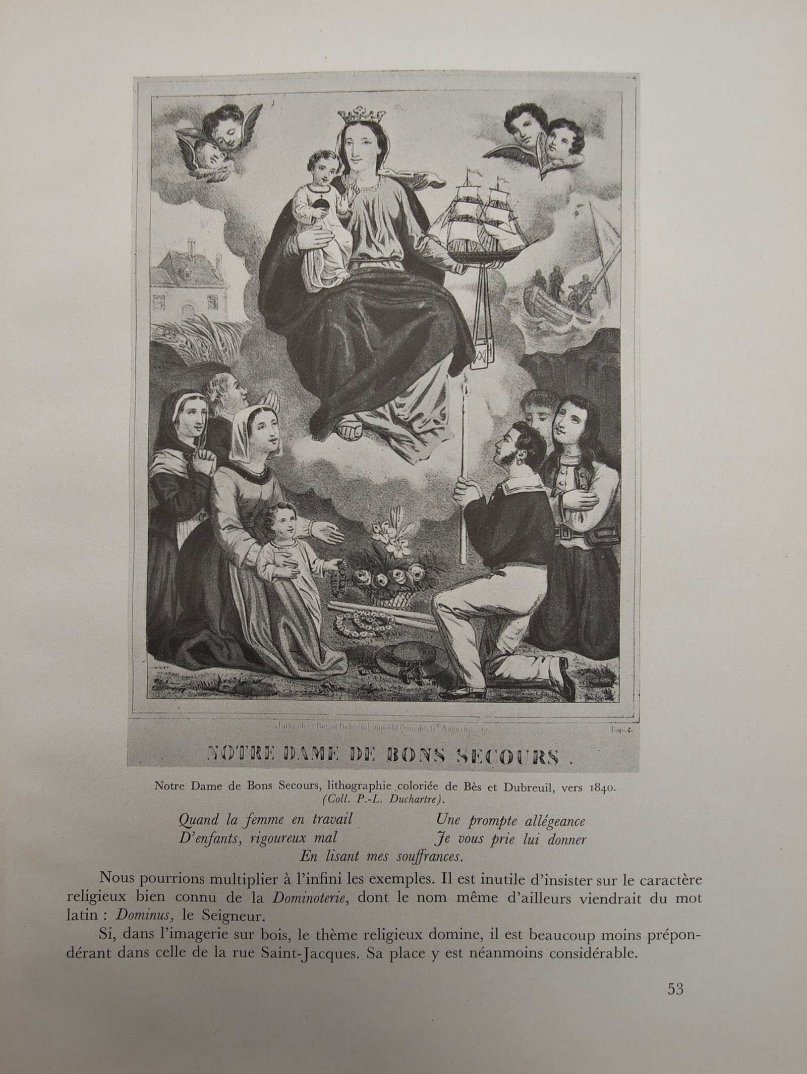 Michel Vovelle – Our Lady of Good Help – offset print (20th Century): "Our Lady of Good Help" This lithograph illustrates a traditional religious broadside composition featuring a crowned Madonna holding the Christ Child above a coastal landscape with a sailing vessel a