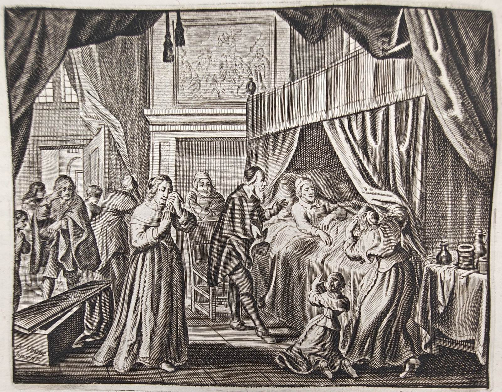 Jacob Cats – The Deathbed Scene from Country Life – Engraving (17th Century) (1 of 3)