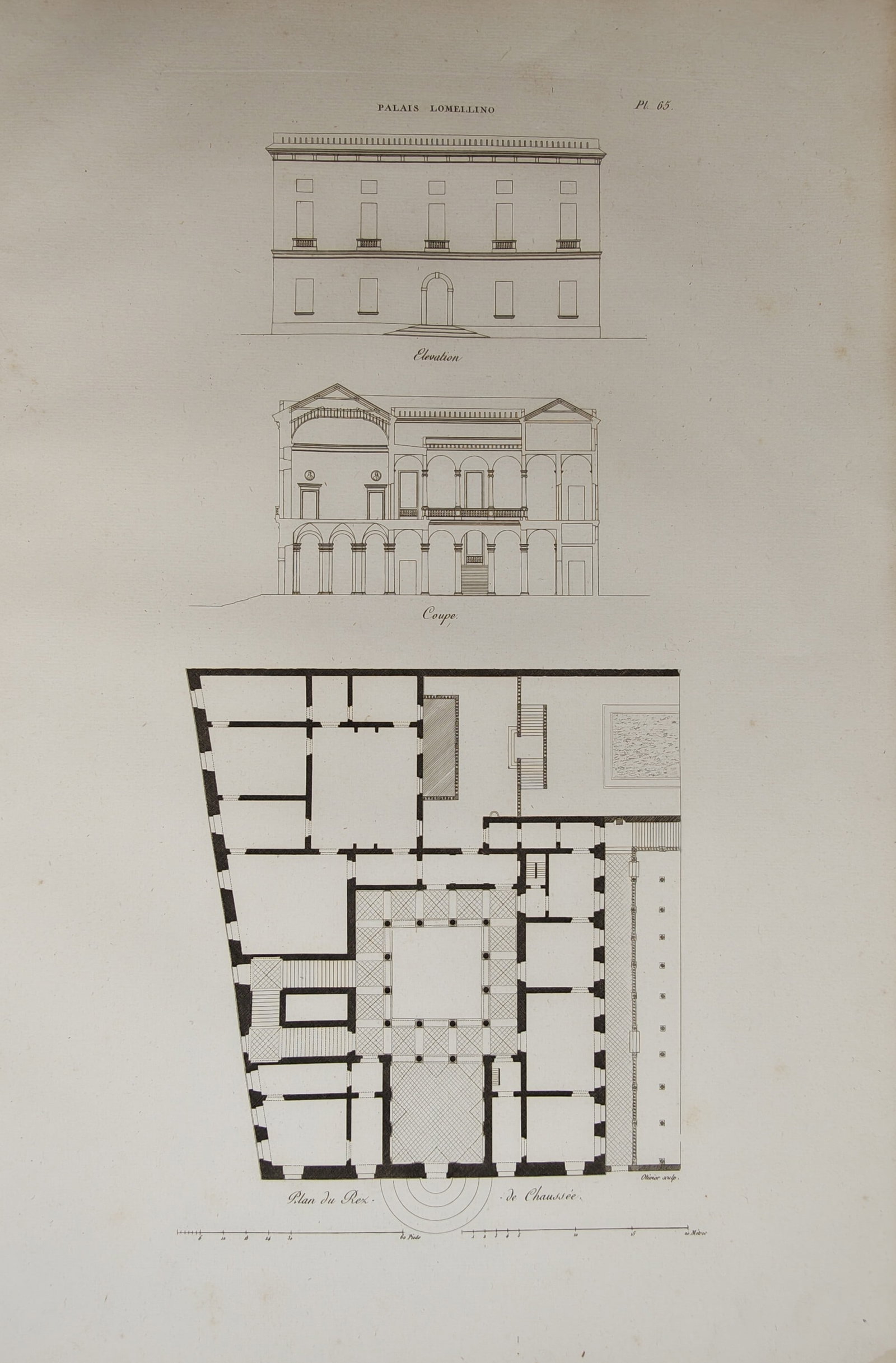 Philibert-Benoît Olivier – Palais Lombellino Elevation Cross-Section Plan – Engraving (19th: "Palais Lombellino" This engraving features a comprehensive architectural study displaying the front facade elevation, an interior cross-section, and a detailed ground floor blueprint of a historic Ro