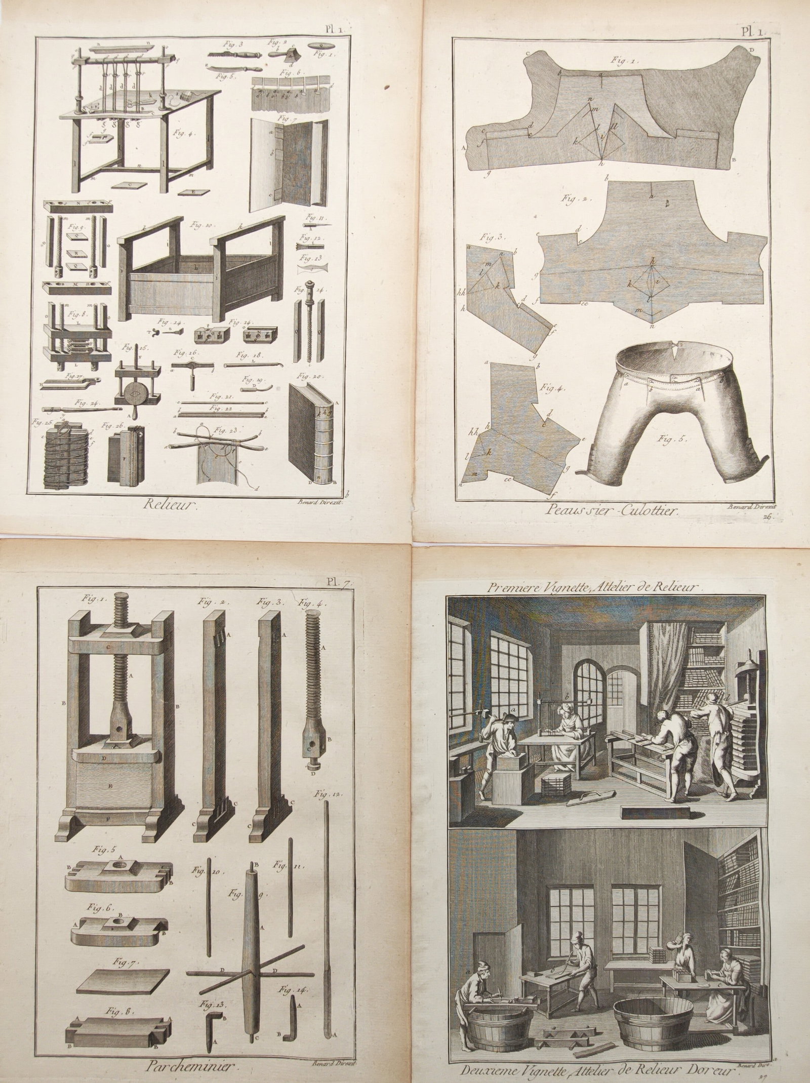 Robert Bénard – Set of 4: Bookbinding, Parchment Making, and Leather Tailoring Arts –: "Bookbinding, Parchment Making, and Leather Tailoring Arts" presents an eighteenth-century technical suite illustrating traditional trades and crafts, featuring workshop scenes of bookbinders and gild