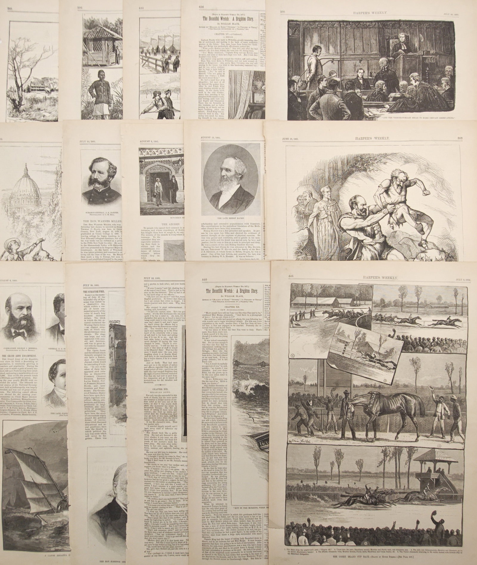 Harper's Weekly – Set of 15: Equestrian Chronicles, Courtroom Proceedings – Wood Engravings: "Equestrian Chronicles, Courtroom Proceedings, and Illustrated Reportage" presents an extensive nineteenth-century editorial collection featuring dynamic harness racing scenes, courtroom trials, portr